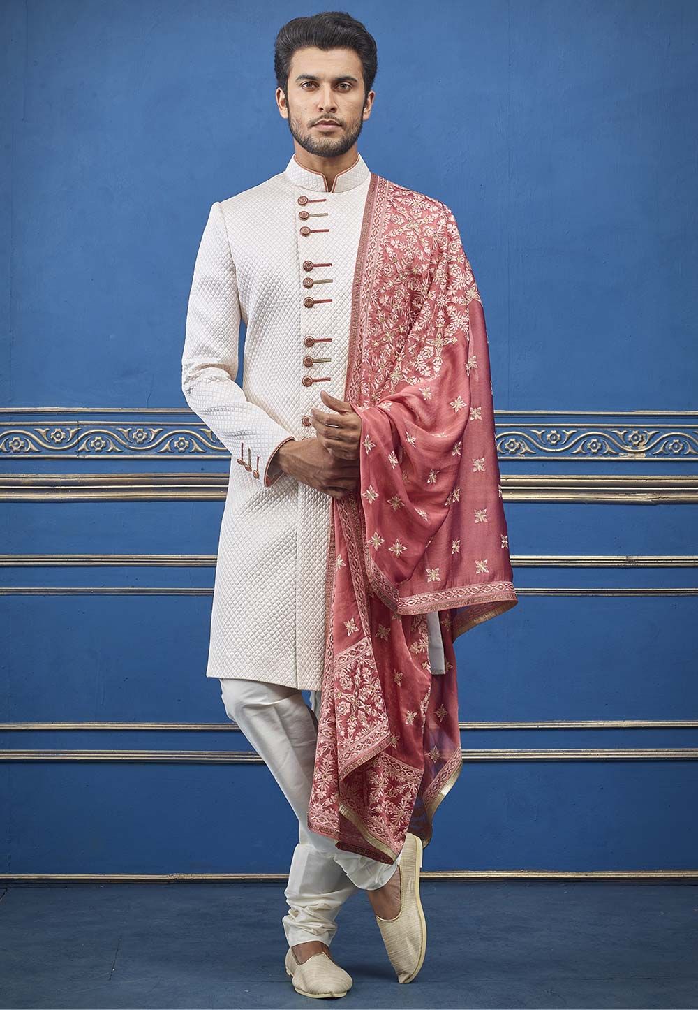 Quilted Designer Men's Indowestern Cream Colour.