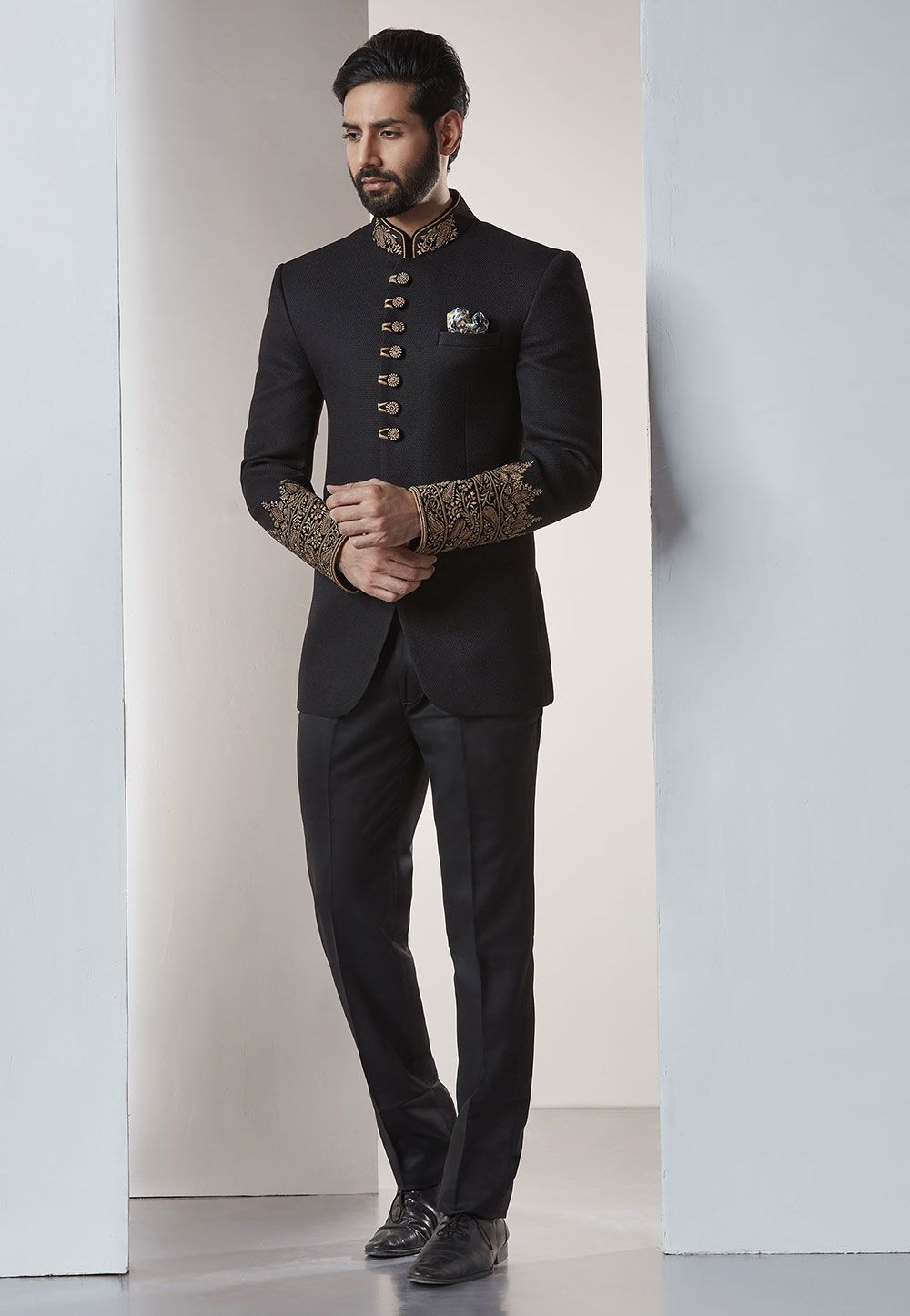 Black Color Imported Jacquard Jodhpuri Suit