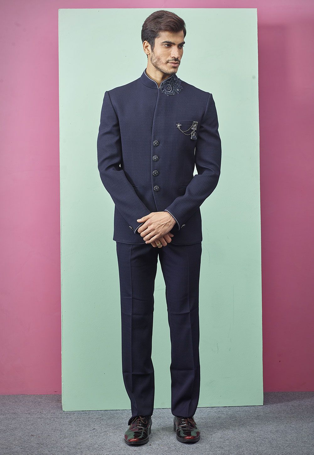 Designer Embroidered Navy Blue Jodhpuri Suit