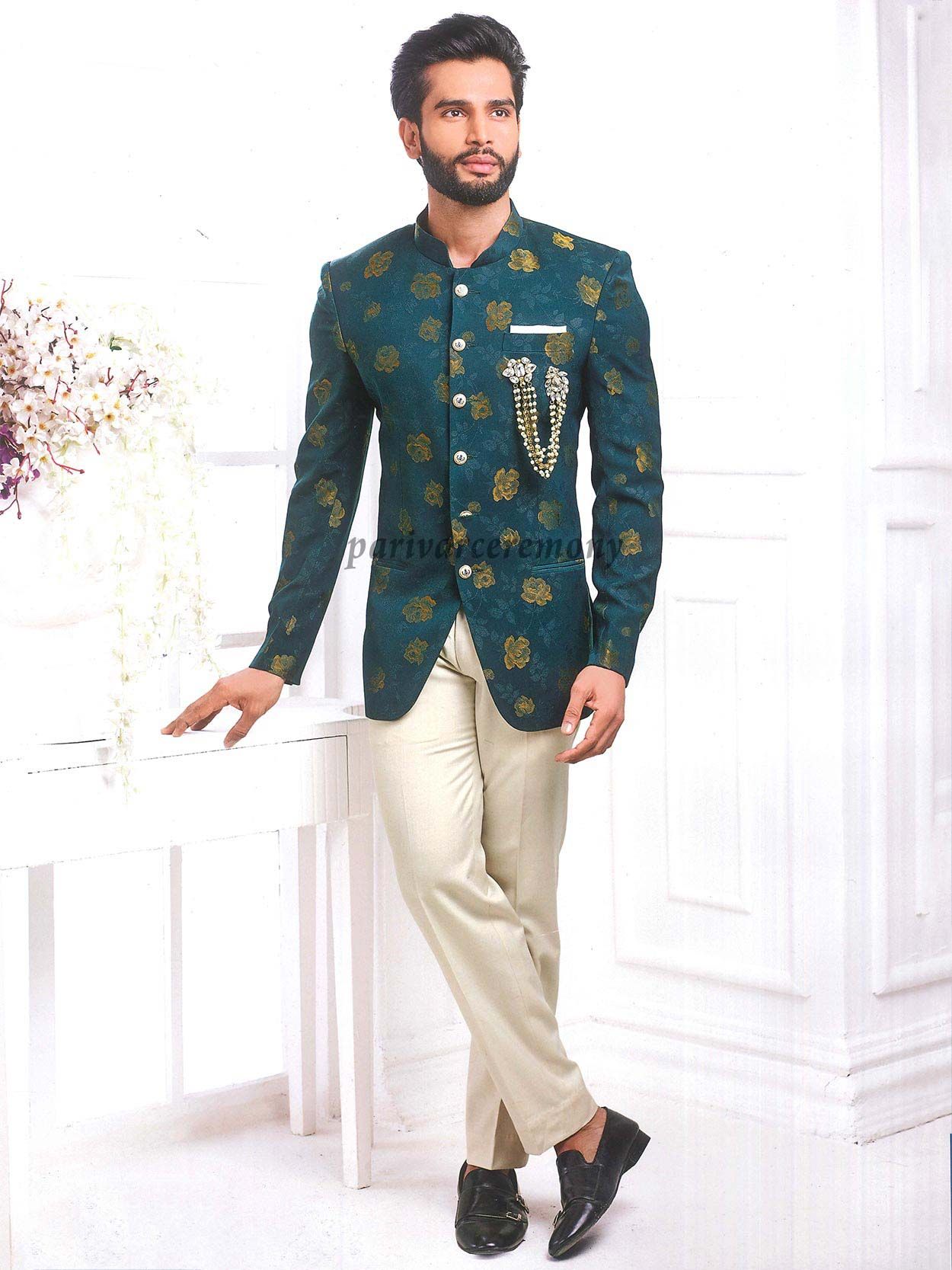 Rama Green Jacket Style Jodhpuri Suit For Men