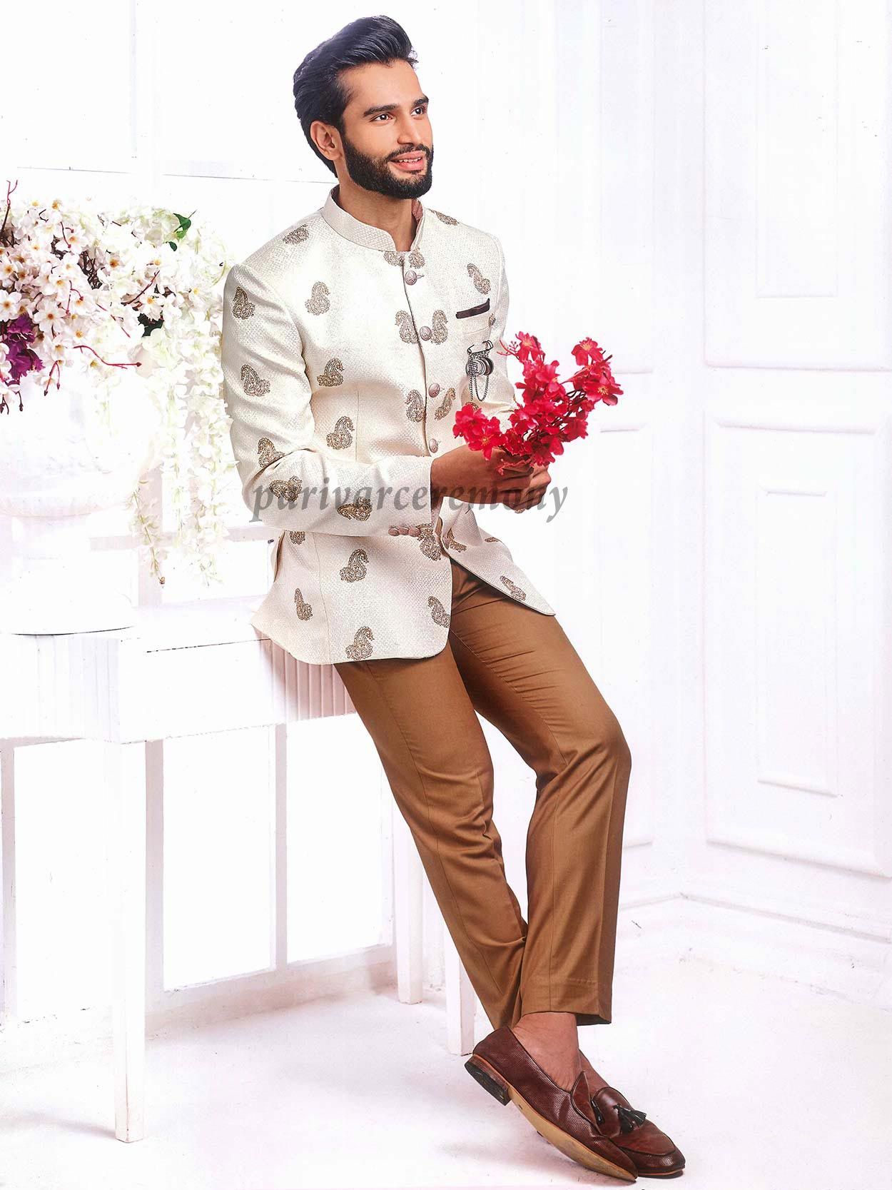 Buy Jacquard Jodhpuri Suit in Beige Online