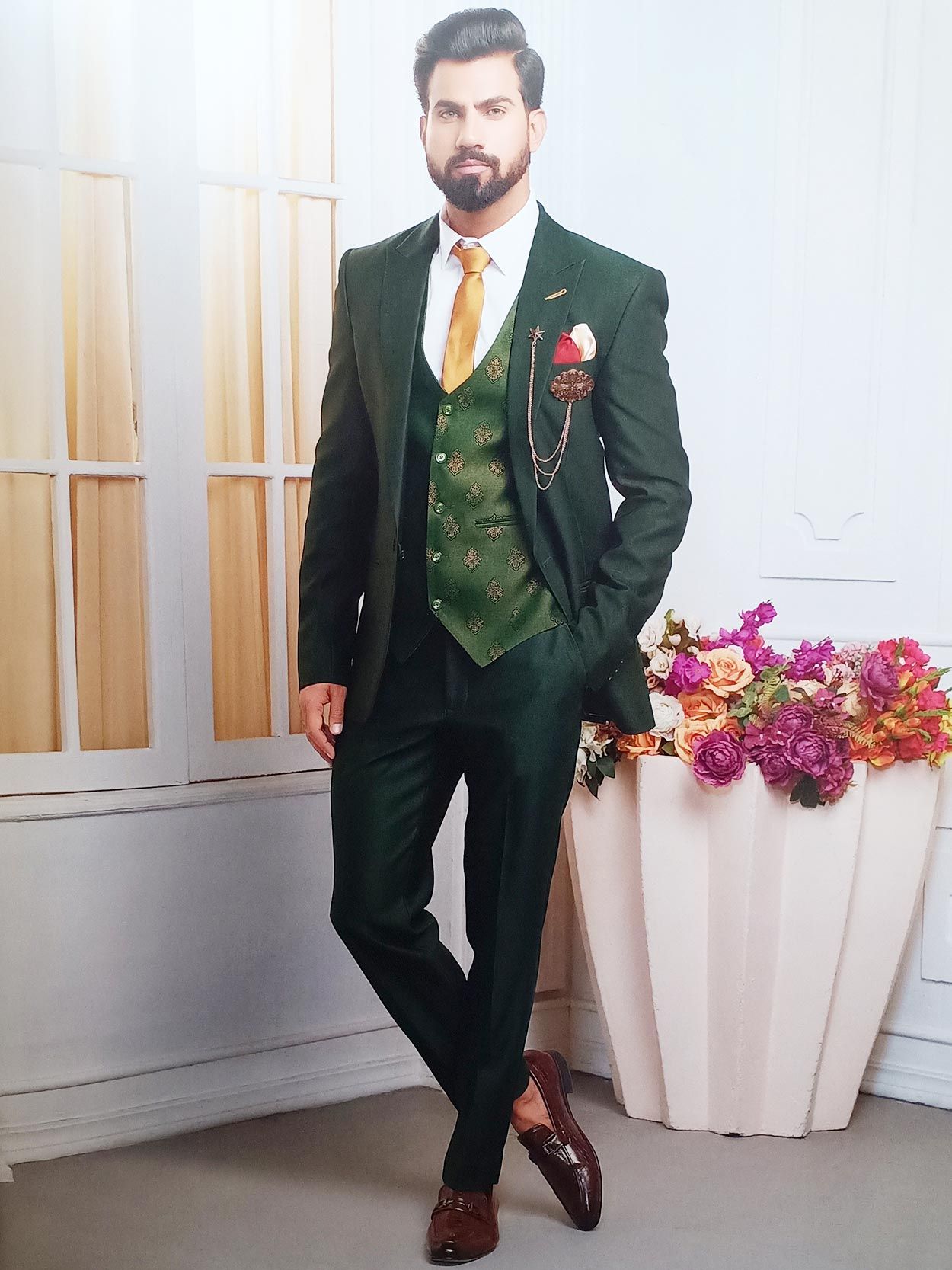 Green Colour Imported Fabric Wedding Suit.