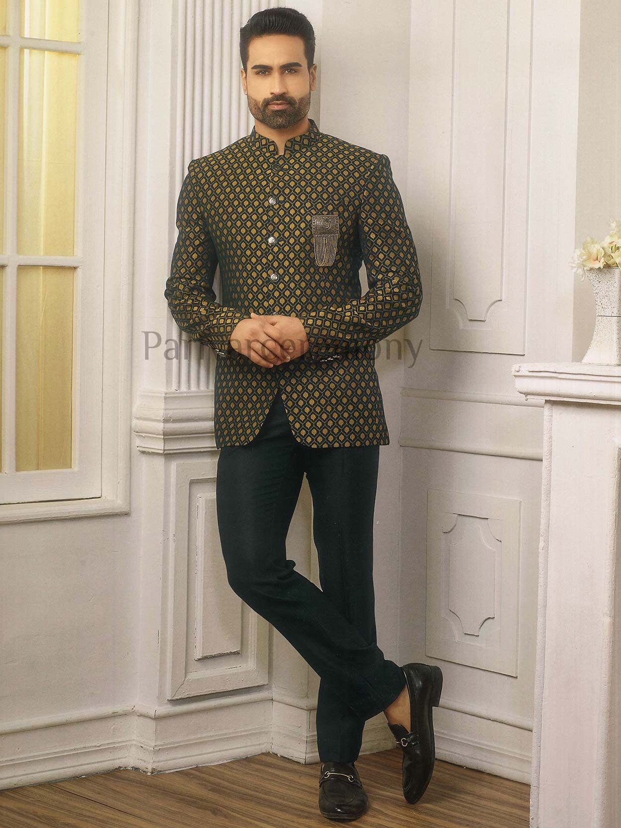 Delightful Suede Velvet Jodhpuri With Pant In Green