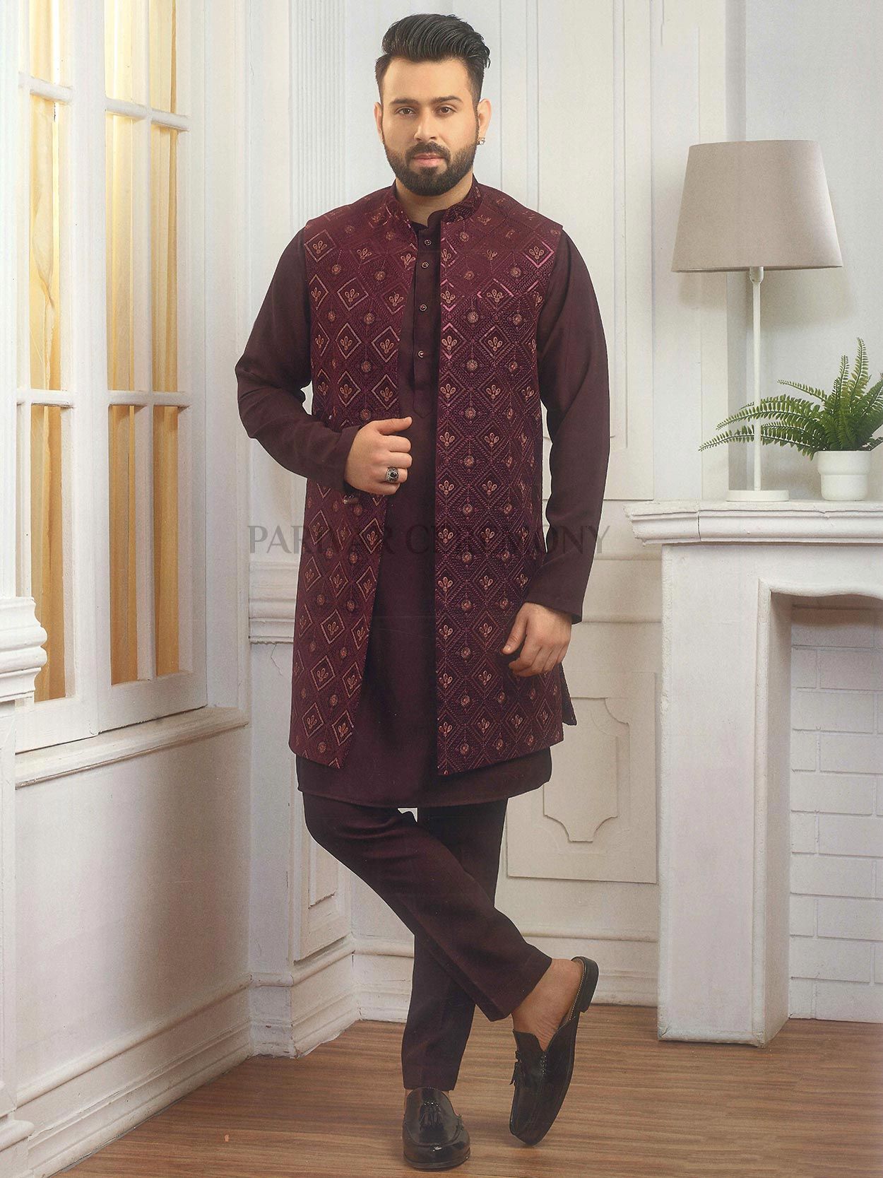 Wine Embroidered Nehru Jacket Set | Ethnic Wear for Men – Laromani