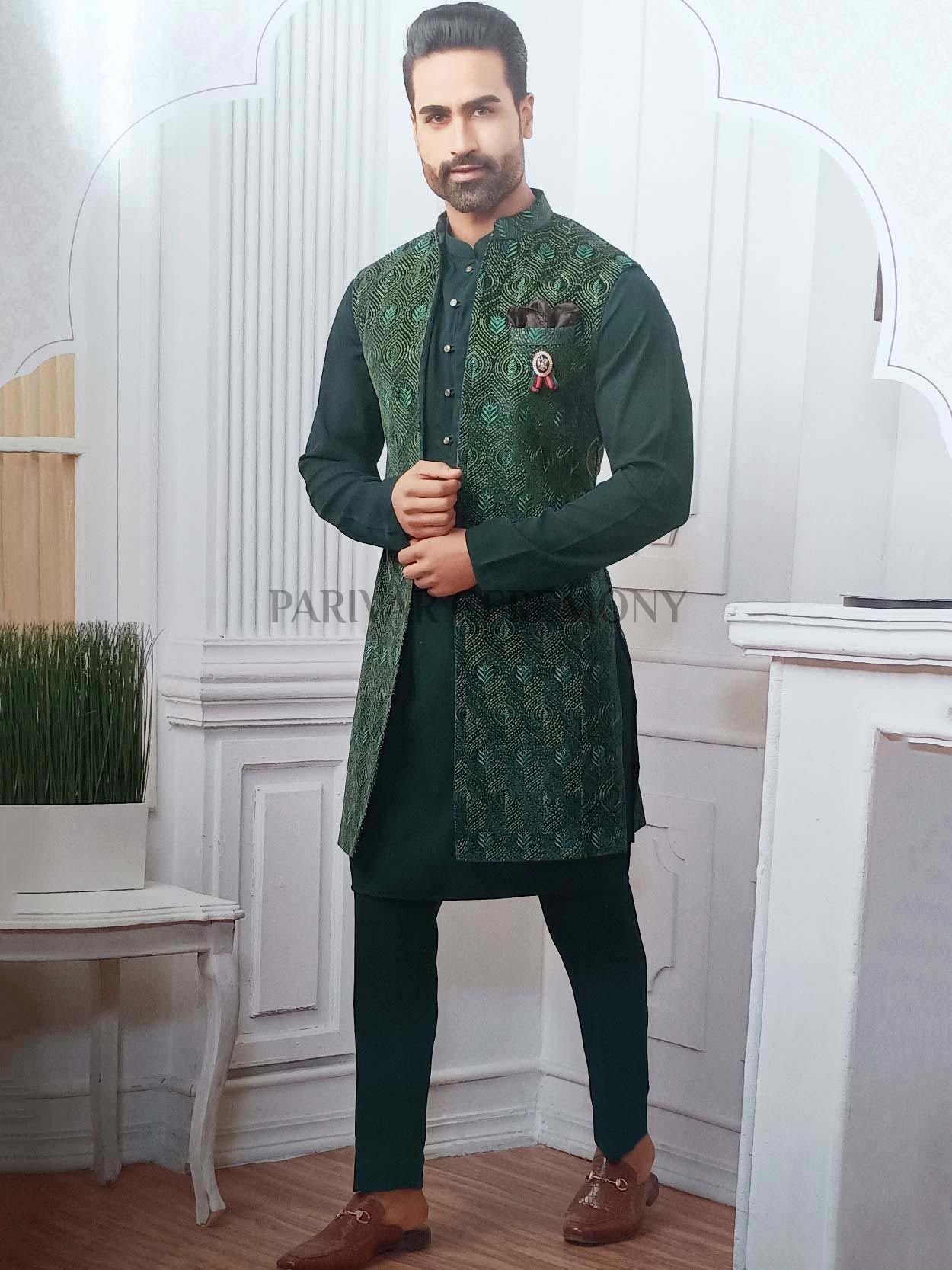 Hangup Light Green & White Regular Fit Printed Kurta & Pyjamas With Nehru  Jacket