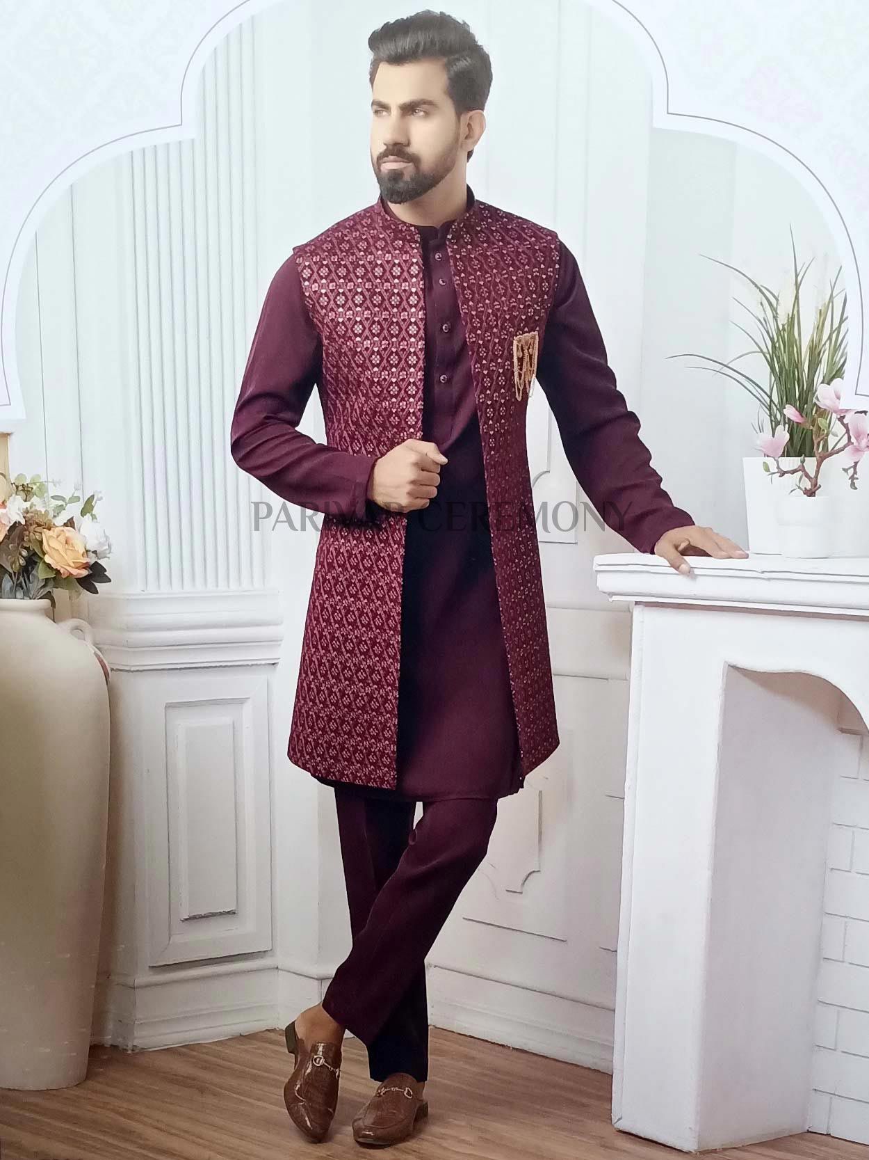 Buy Wine Nehru Jacket Set In Raw Silk With Resham And Mirror Embroidered  Geometric Jaal And Aligarh Pants