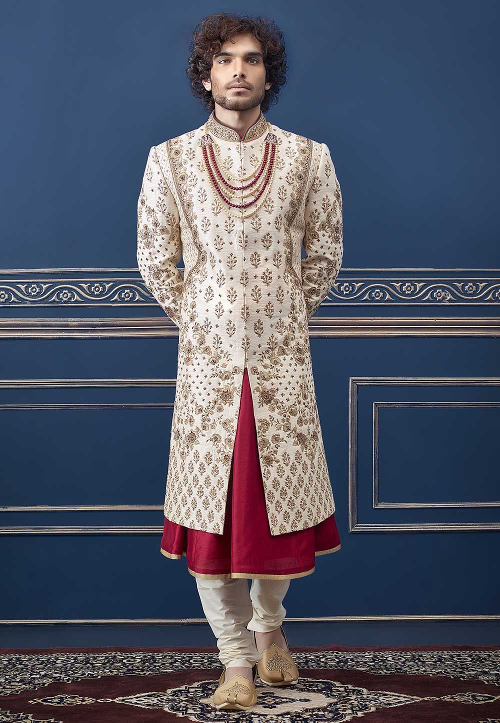 Rajputi Style Cream Colour Groom Sherwani.