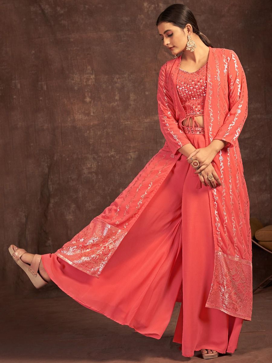 Peach Sequins Embroidered Jacket Style Palazzo Set
