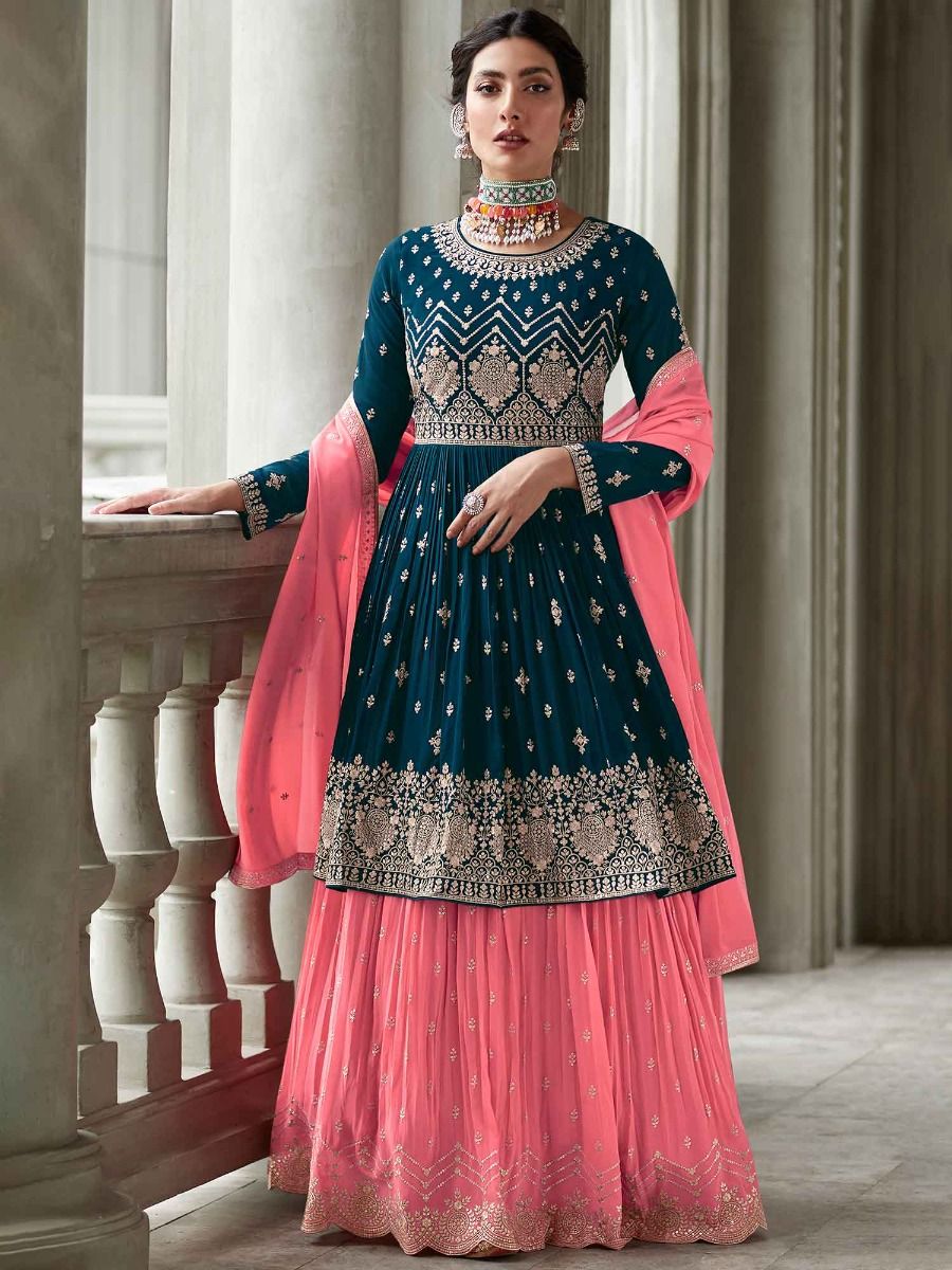 Light Pink Designer Embroidered Kurti Style Lehenga