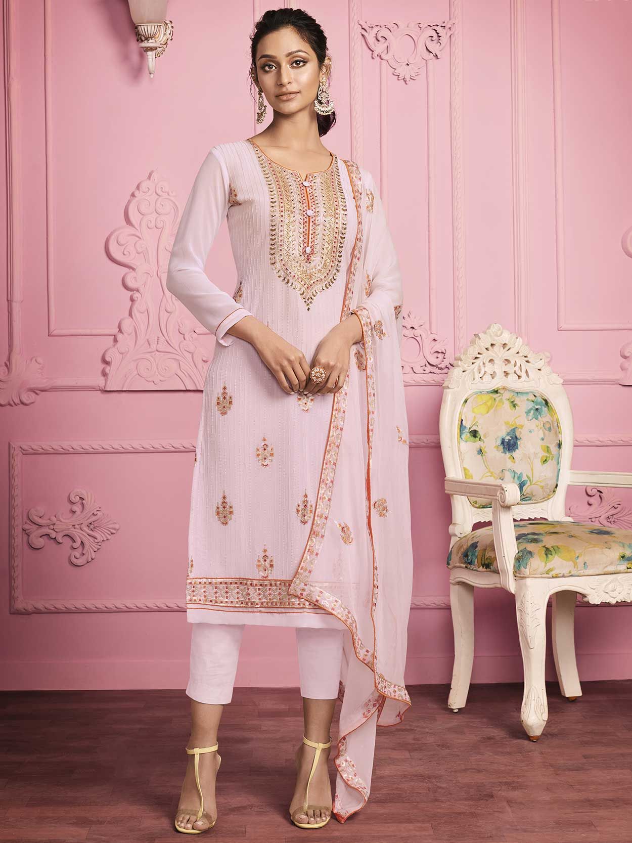 LIGHT CARROT PINK COTTON UNSTITCHED LONG SALWAR KAMEEZ SUIT MATERIAL w –  Ladies Den