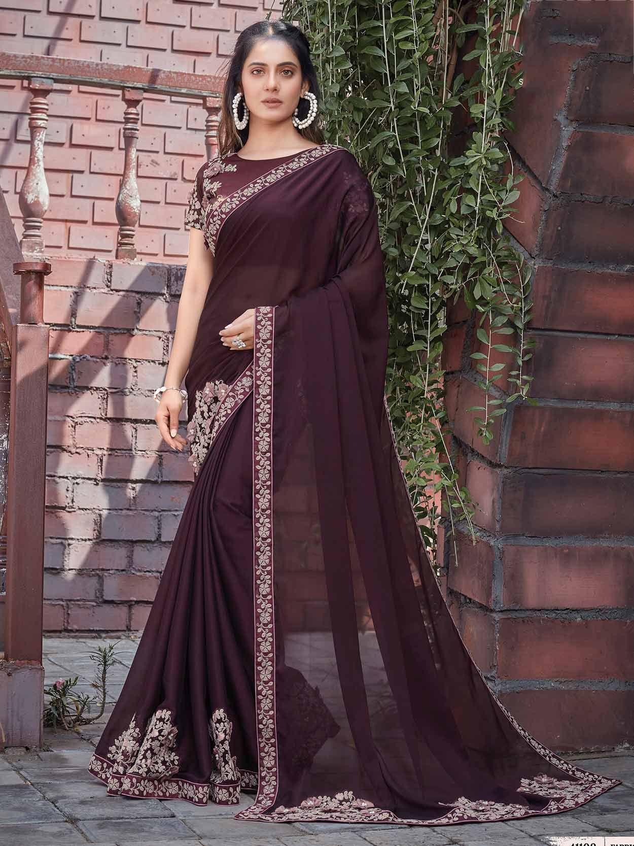 RE - Faux Georgette Embroidered wine color Saree - New In - Indian-sgquangbinhtourist.com.vn