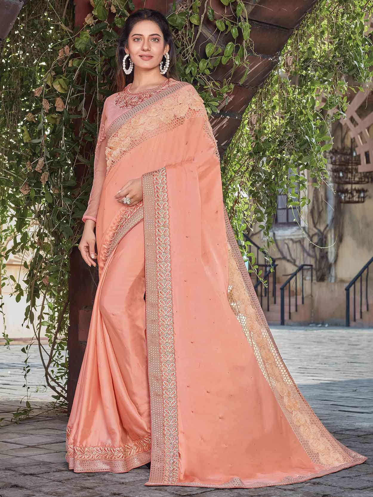 Frilled Peach Saree – Shaaradi