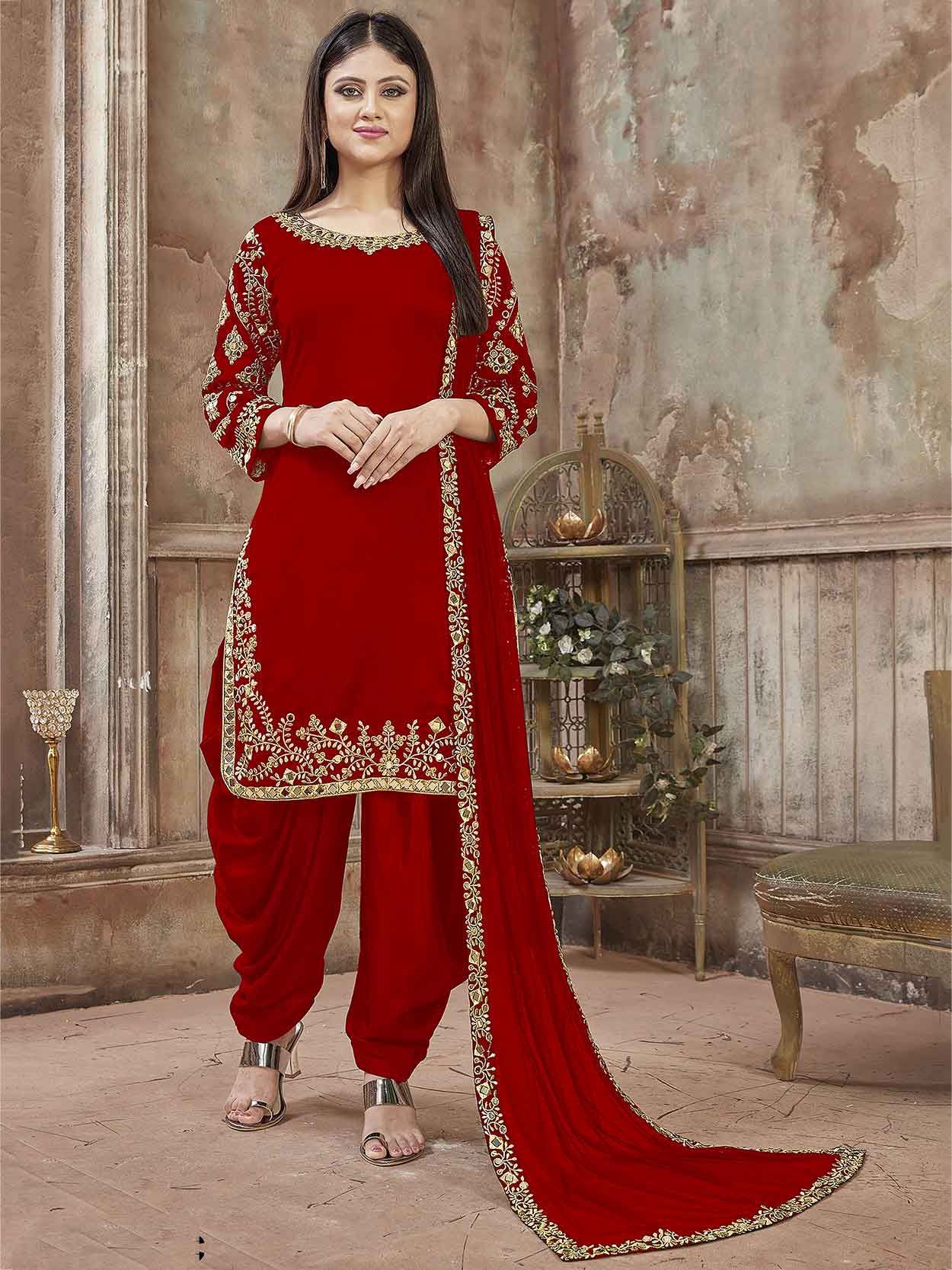Red Casual Wear Batik Printed Cotton Patiala Dress Material