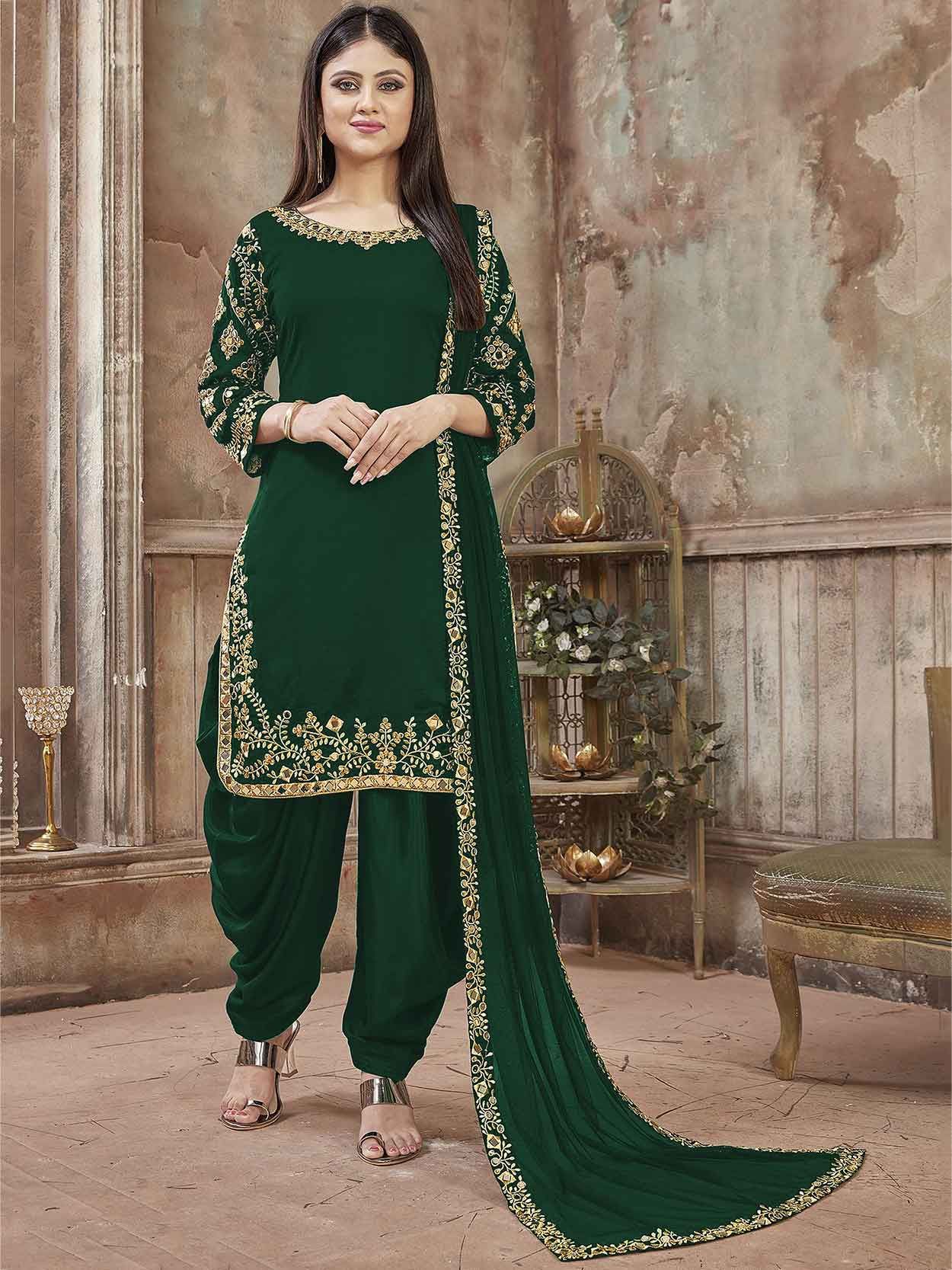 Green Punjabi Patiala Salwar Suit, Muslin Punjabi Suit with Mustard Ye –  CNP Associates LLC