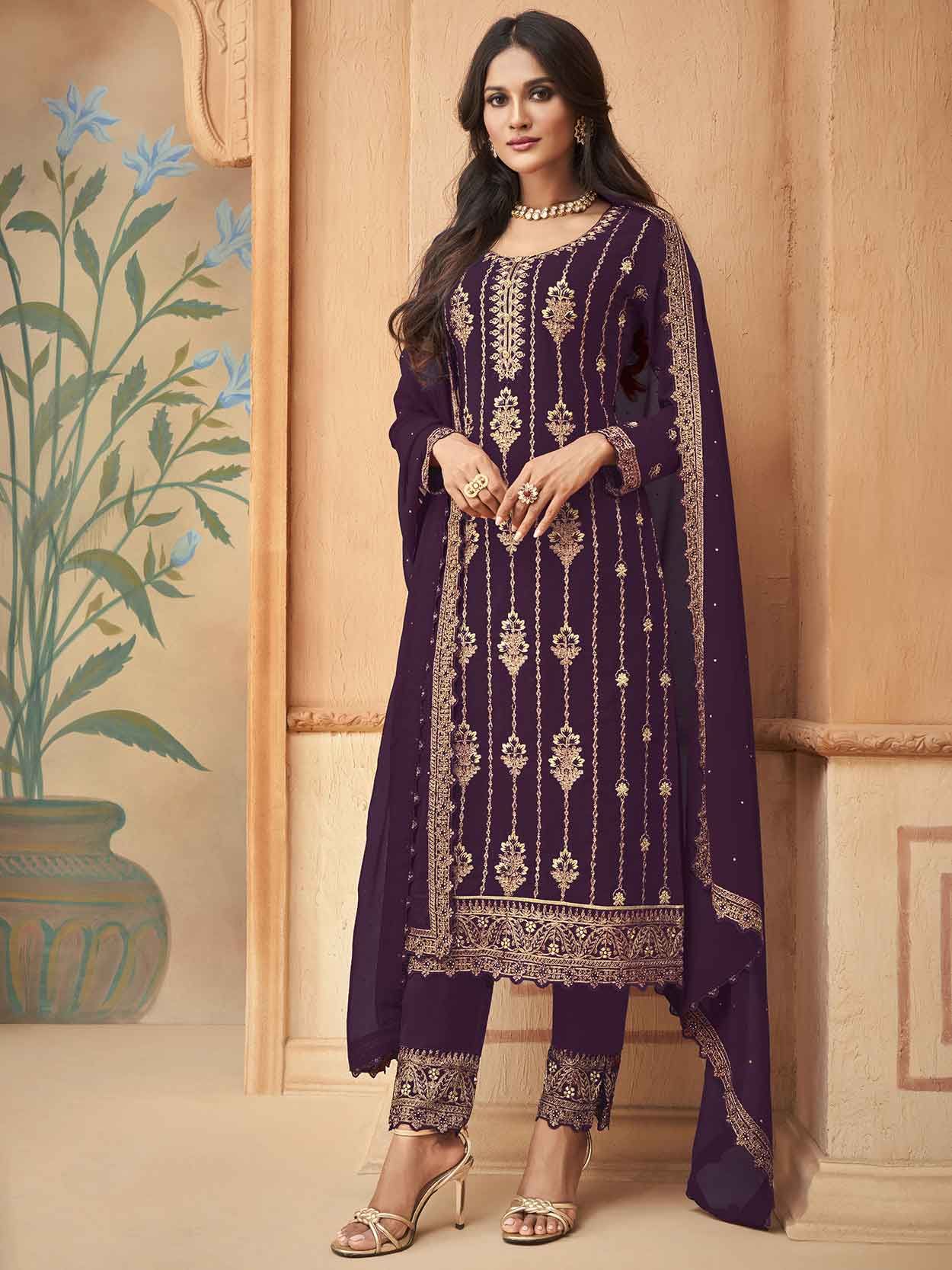 Buy Purple Colored Party Wear Embroidered Cotton Unstitched Plazo suit For  Ladies-VT109837-1 | Fashion Clothing
