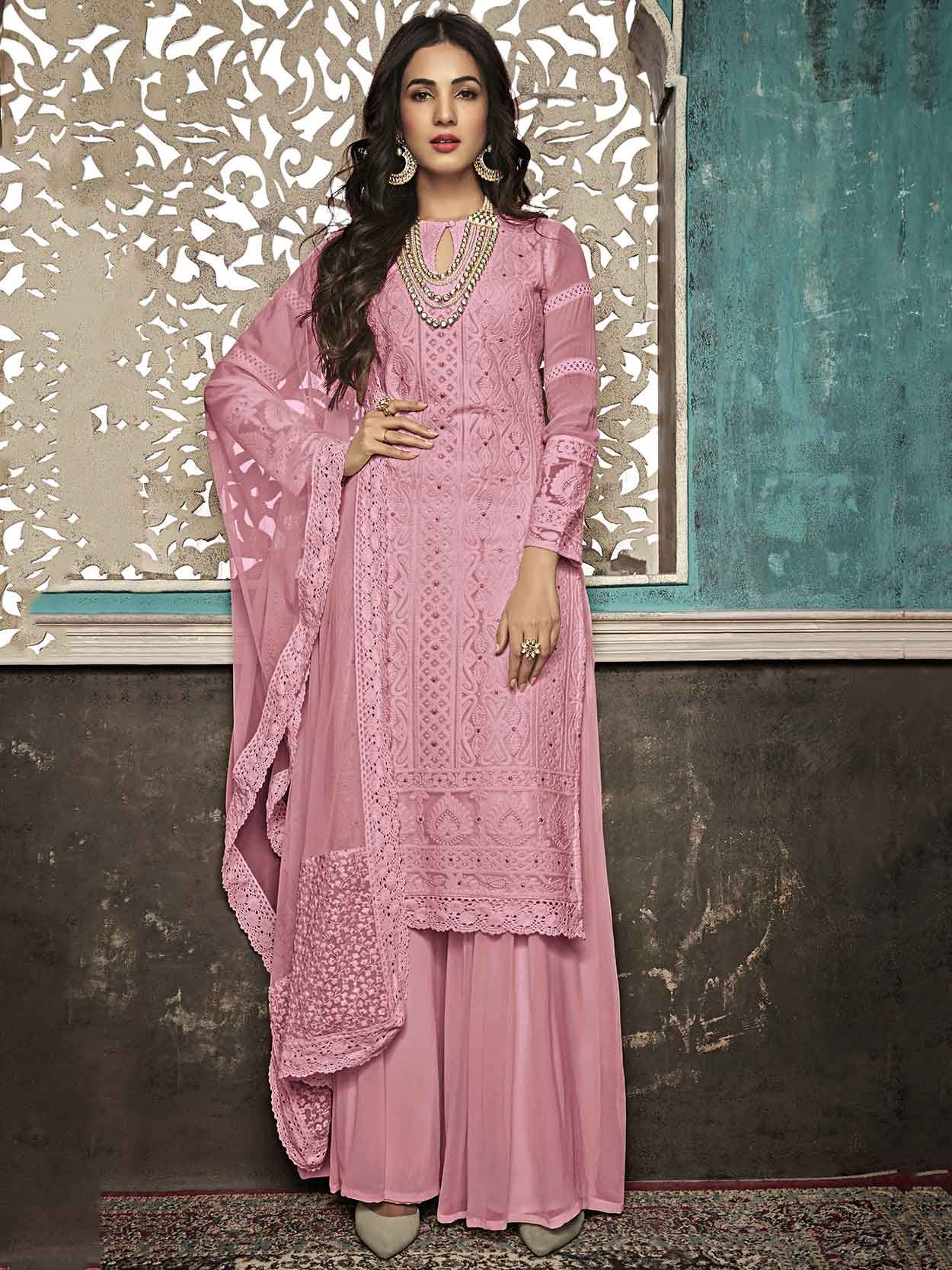 Shafnufab Georgette UnStitched Dress Material Pink Patiyala Salwar Sui –  Shafnu Fab