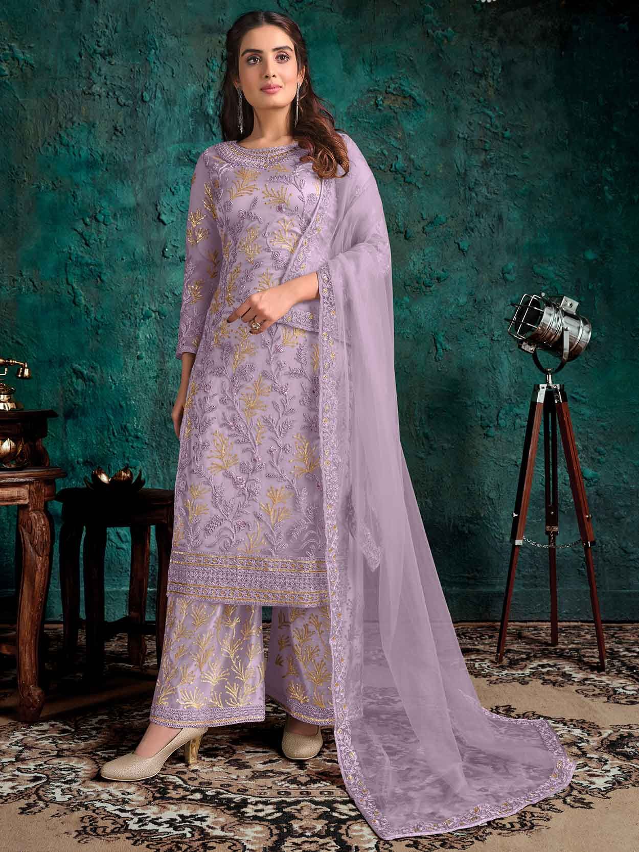 Buy Brijraj Casual Wear Purple Coloured Satin Embelished Straight Suit with  a Matching Bottom and Purple Chiffon Dupatta at Amazon.in