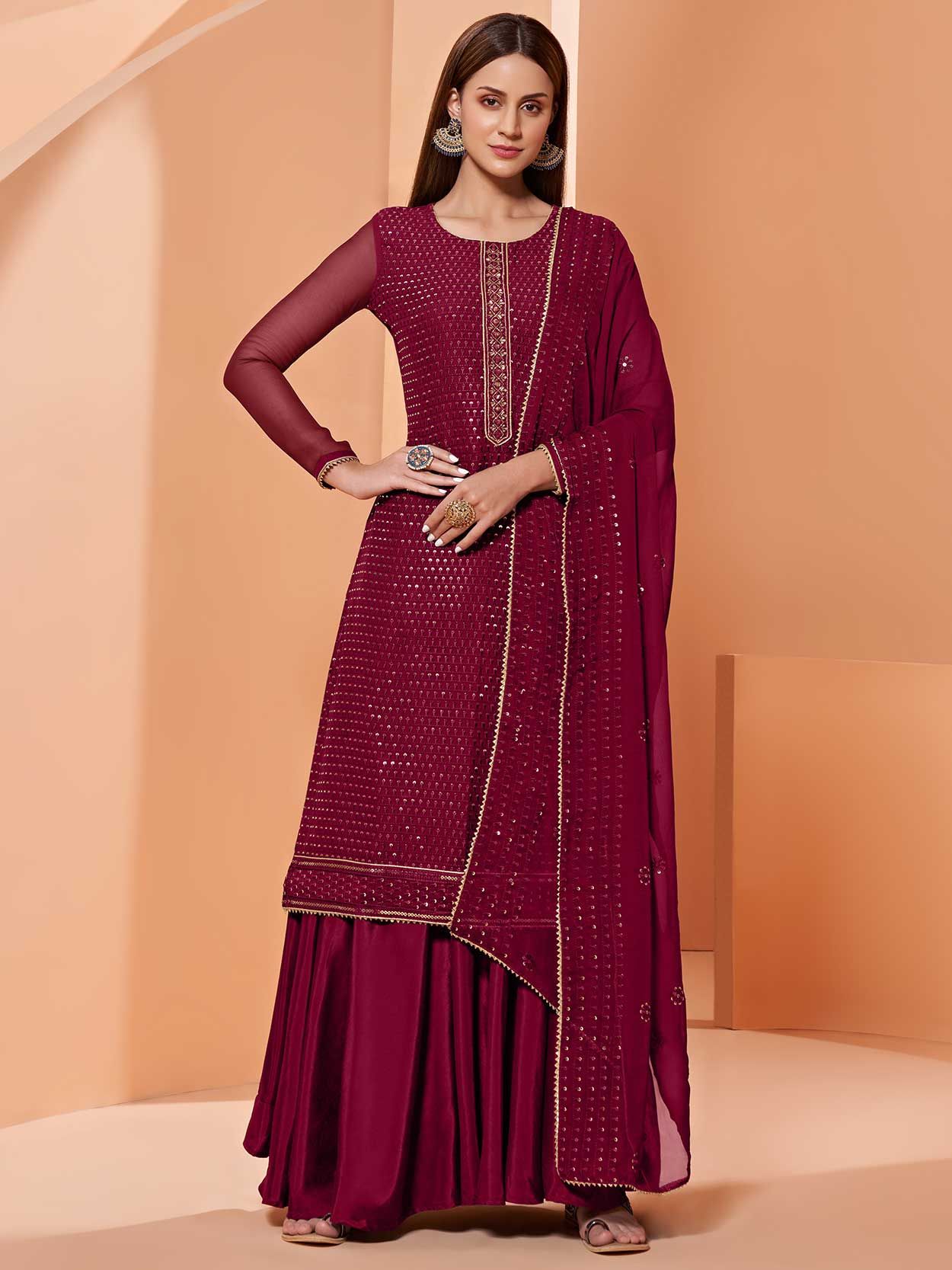 Wine Colour Party Wear Salwar Suit.