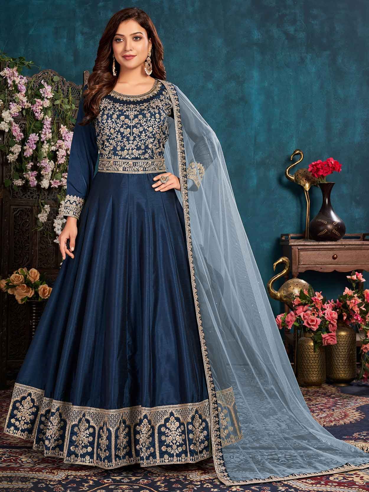 Buy Festive Dresses In Port Louis - Firozi Blue Embroidery Traditional Anarkali  Suit
