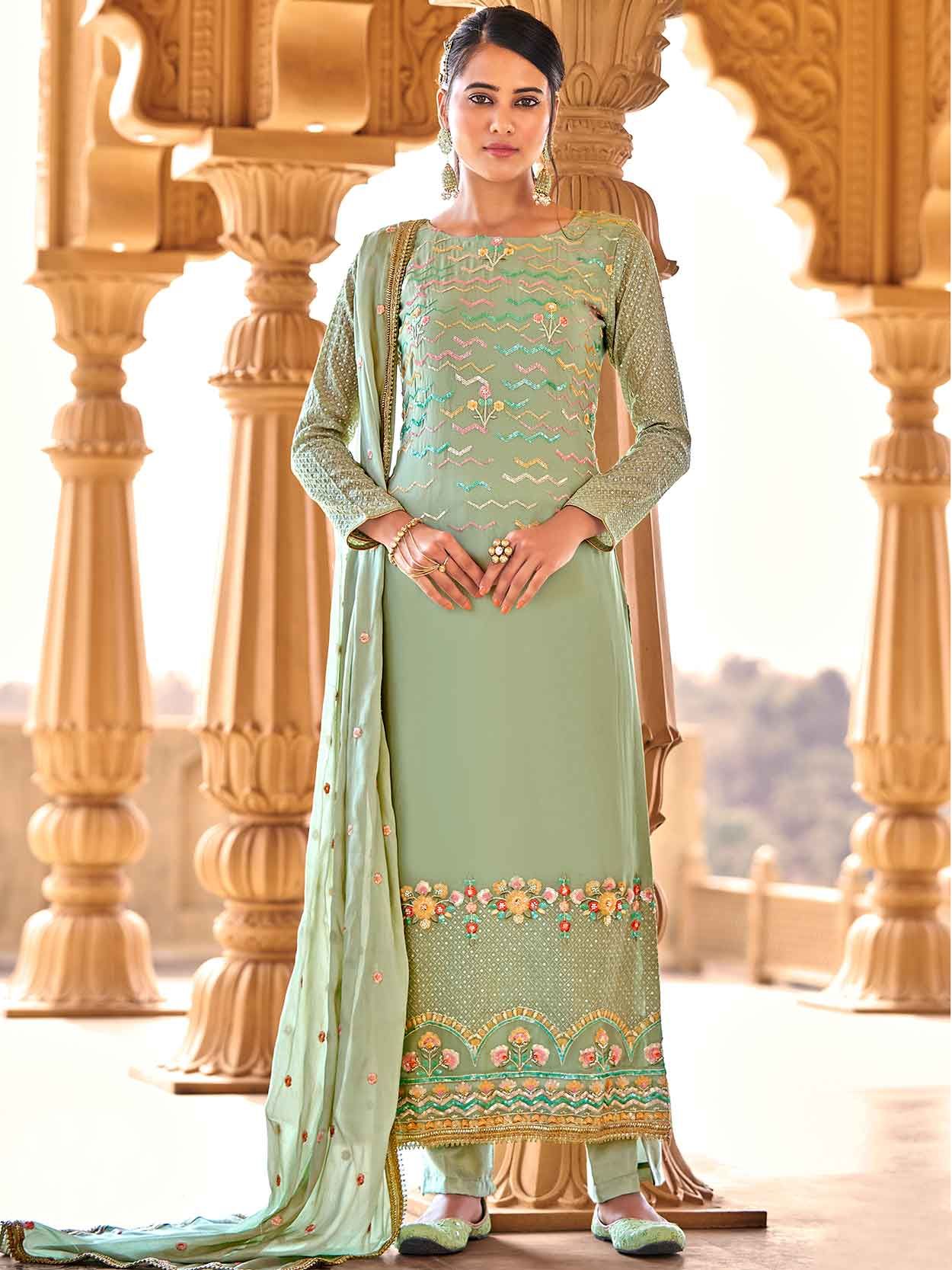 Light Pista Green Designer Embroidered Party Wear Anarkali Suit | Party  wear, Anarkali suit, Suit fabric