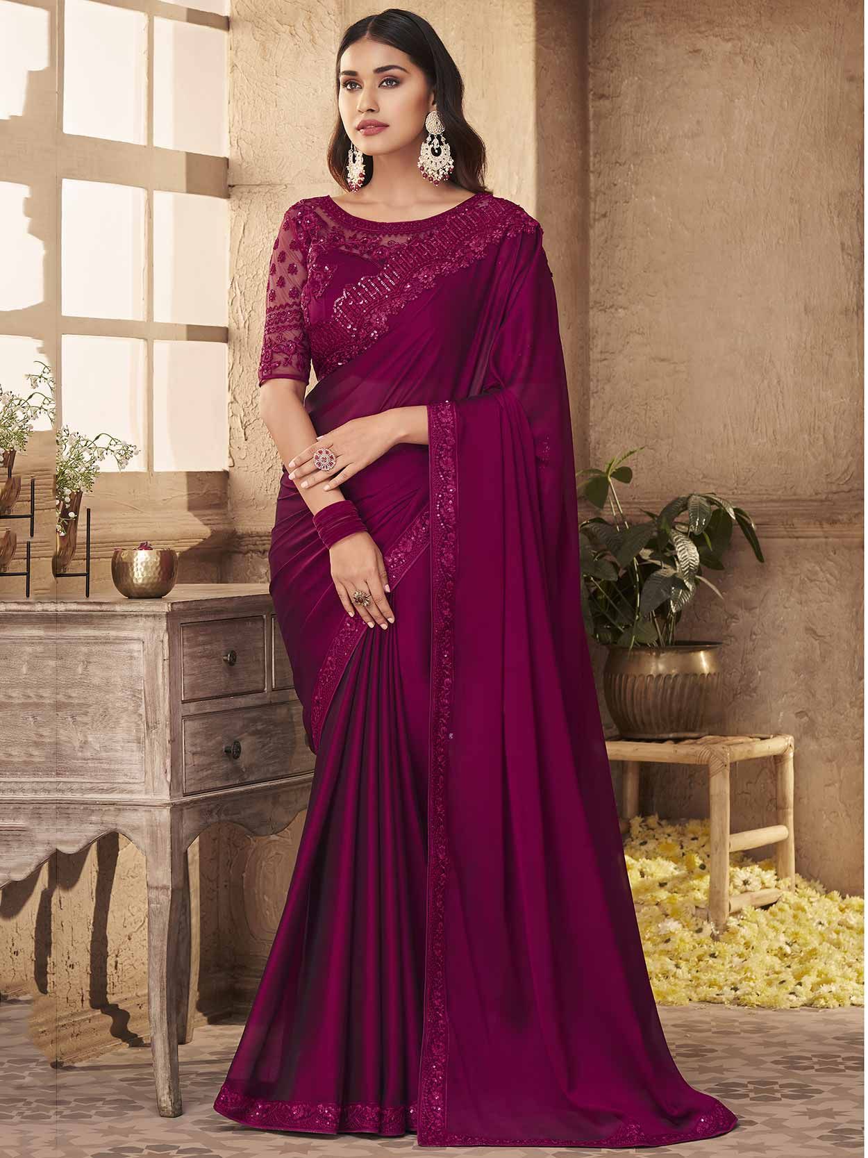 Wine Color Georgette Fabric Divine Readymade Gown | Embroidered gown, Gowns,  Indian dresses