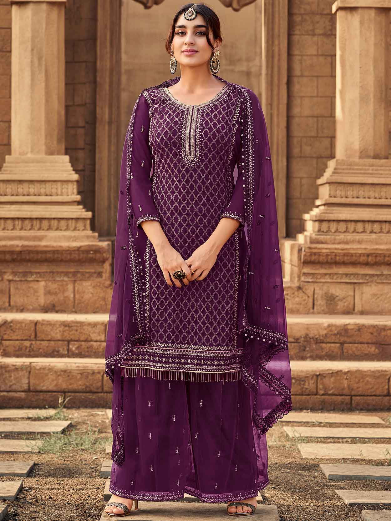 Pink And Purple Traditional Embroidered Palazzo Suit | Pakistani party wear  dresses, Indian designer outfits, Fashion