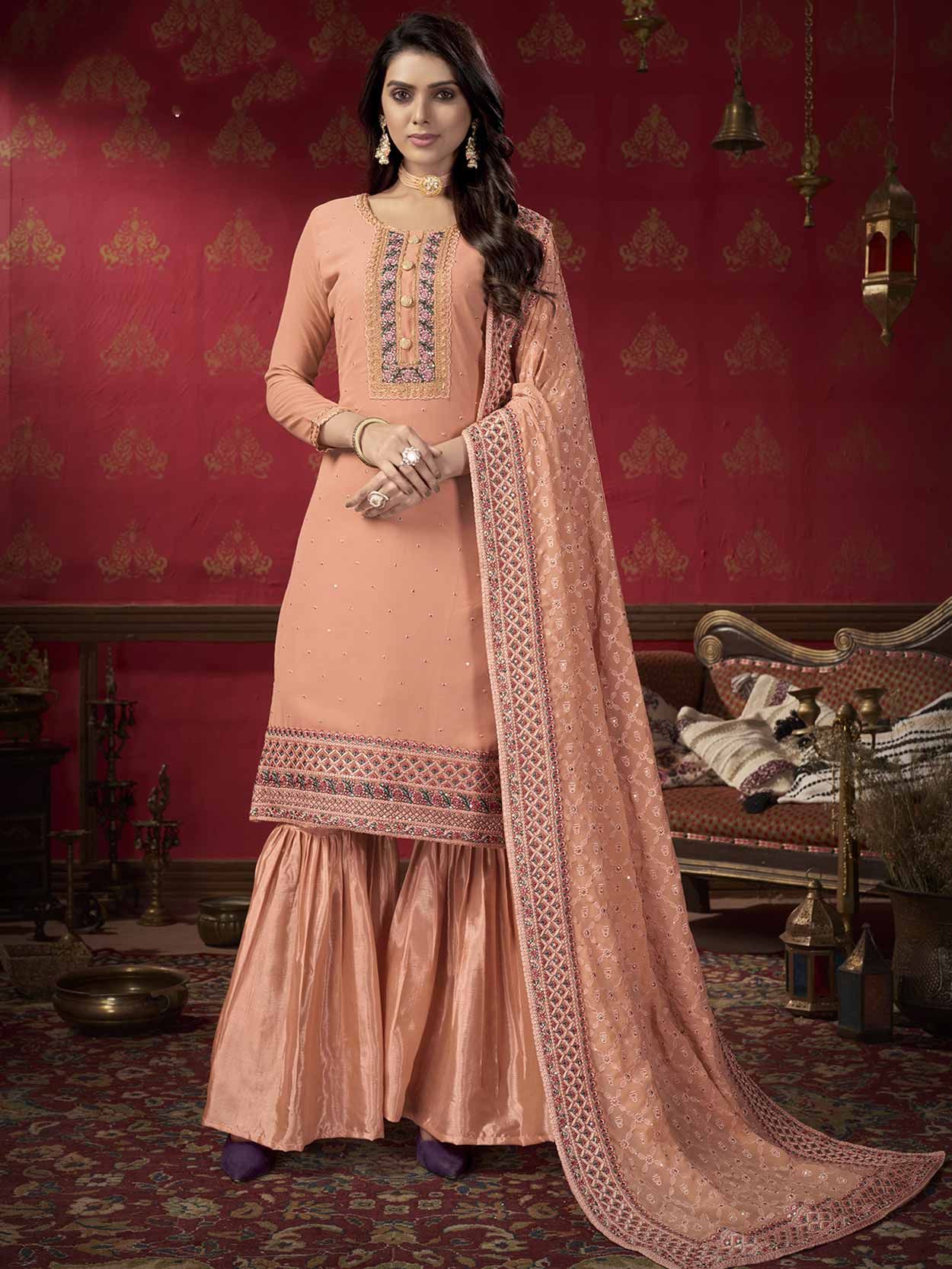 Alluring Peach Color Heavy Fox Georgette With Embroidery Work+ Stone Suit