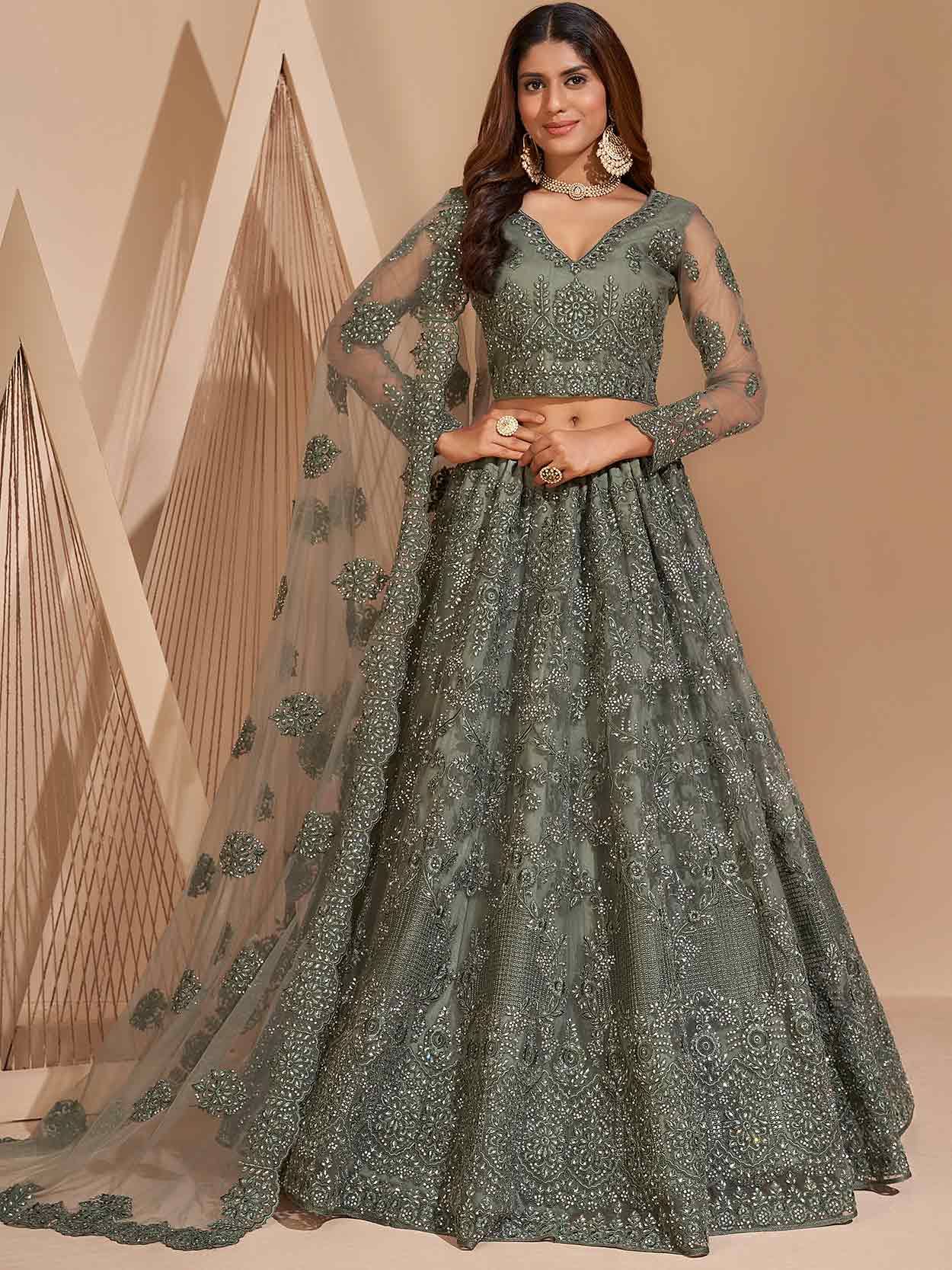Magical Parrot Green Embroidery Work Net Brocade Gownevening gowns online  shopping india