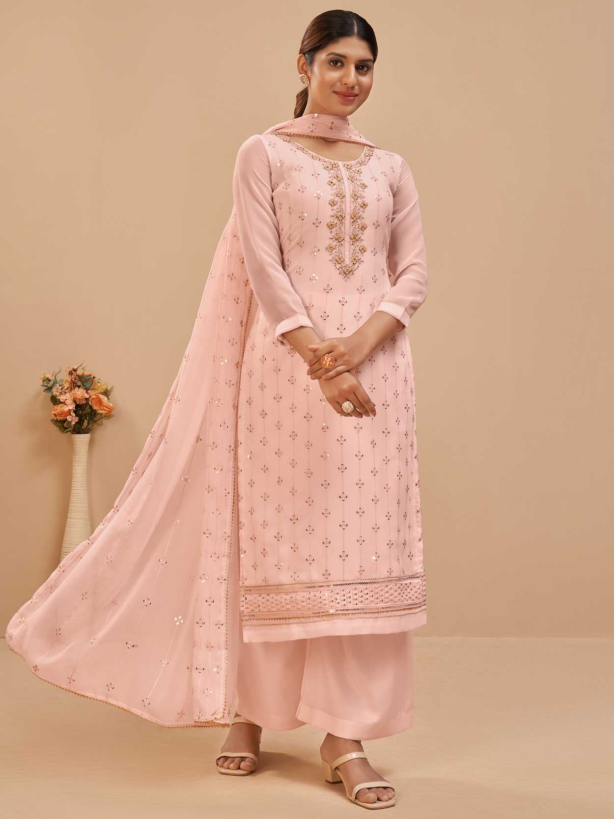 Tempting Net Fabric Peach Color Function Wear Anarkali Suit