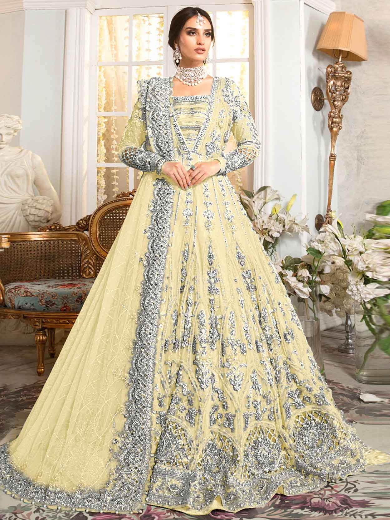 Cream Anarkali Flared Kameez and Choodidaar Suit with Embroidered Flowers |  Exotic India Art