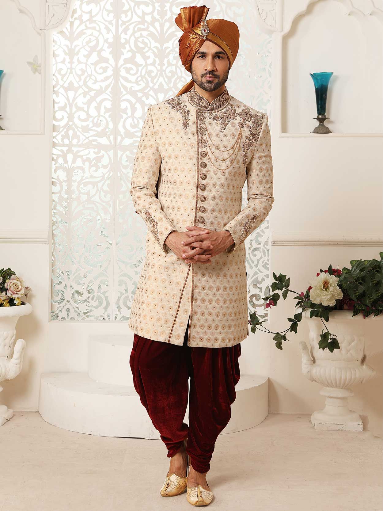 Buy Cream Sherwani Set With Embroidery And Kasab Work | Shreeman