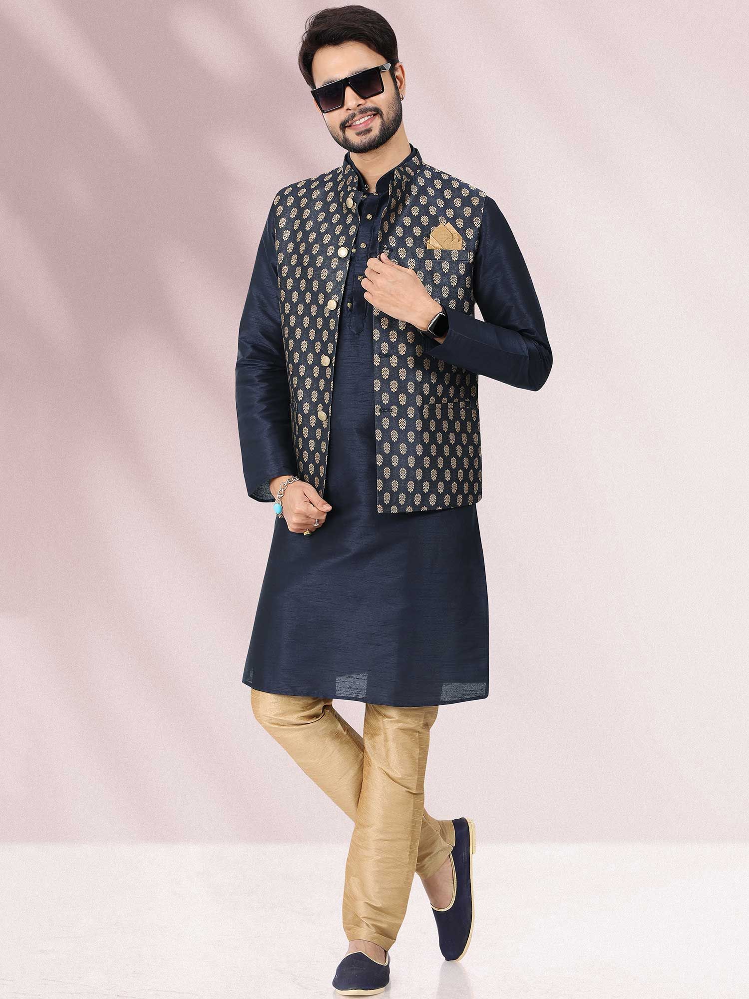 Readymade Blue Kurta Pajama With Nehru Jacket
