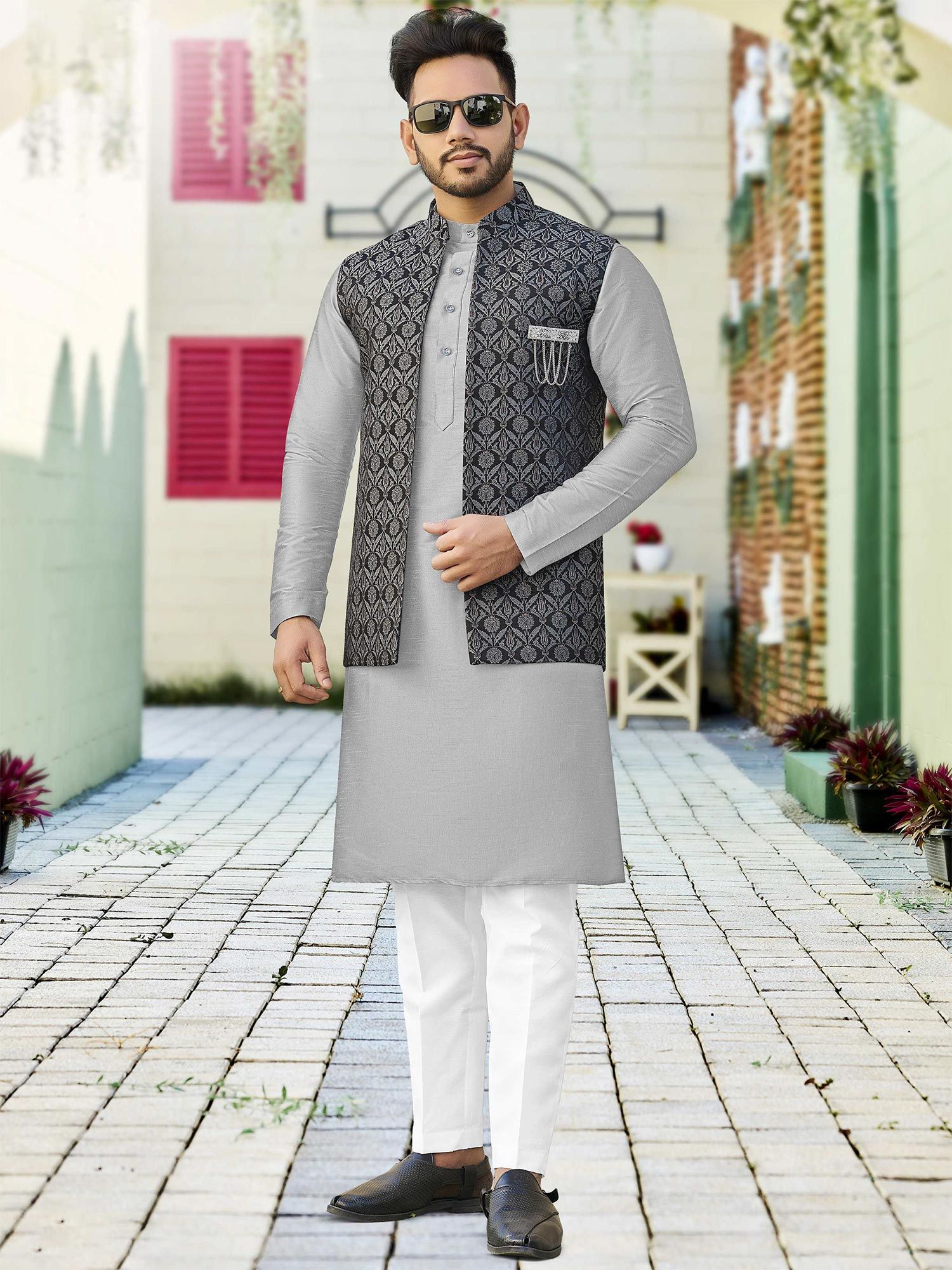 Grey Sued Velvet Fabric Jodhpuri for Mens Nehru Jacket Modi 