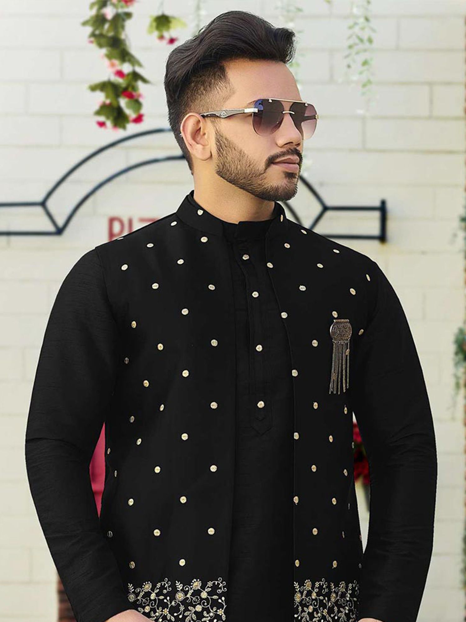 Black Silk Kurta Pajama & Jacket For Men 845MW11