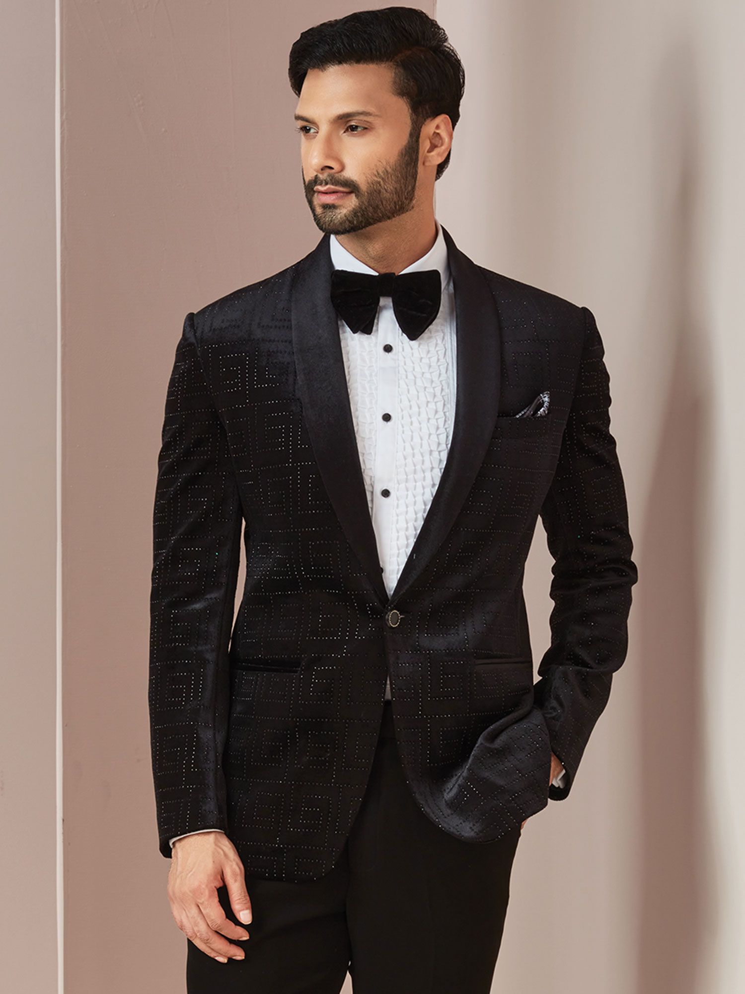 Black Designer Tuxedo Suit With Hand Work