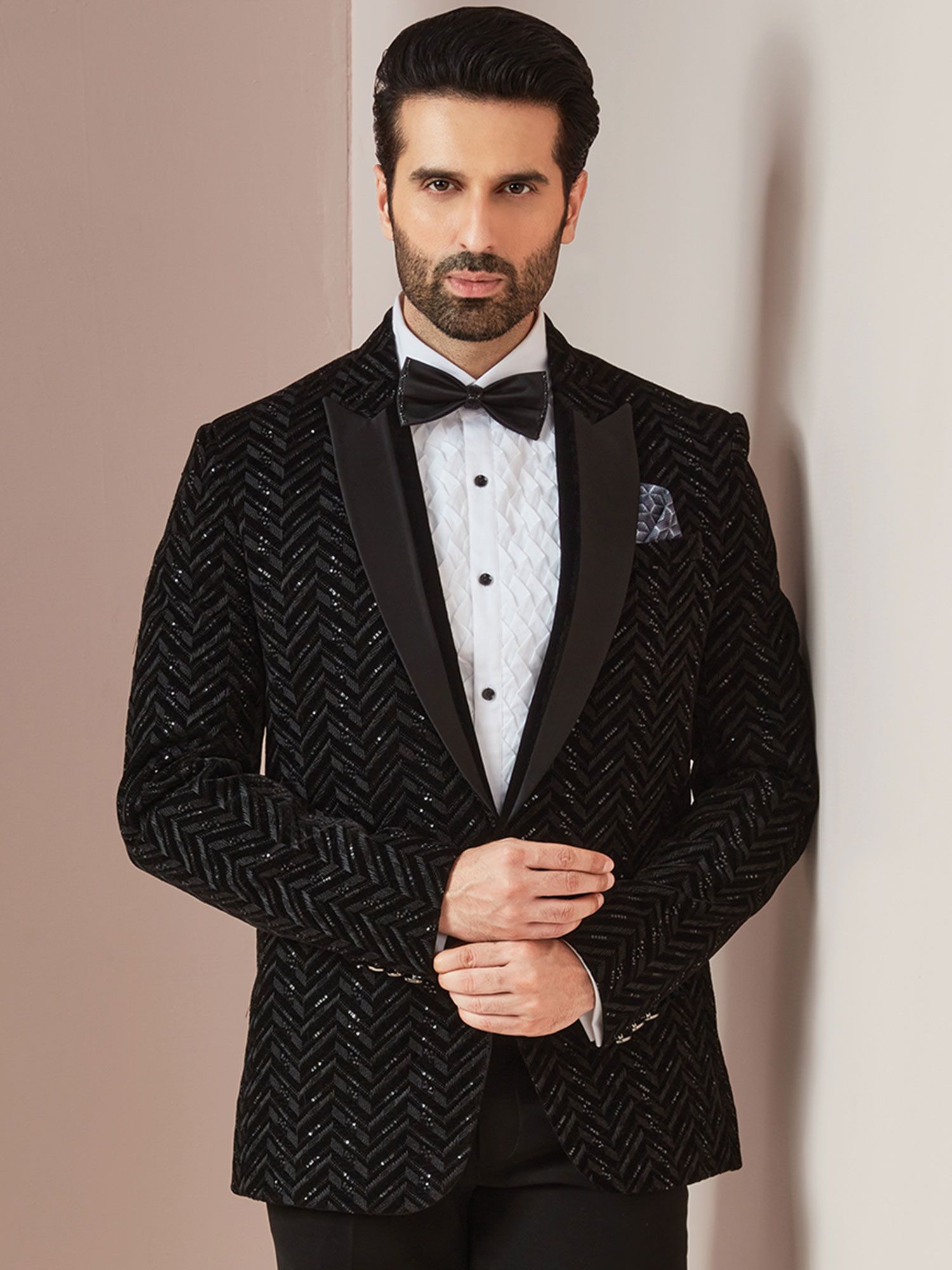 Black Embroidered Classic Tuxedo Set