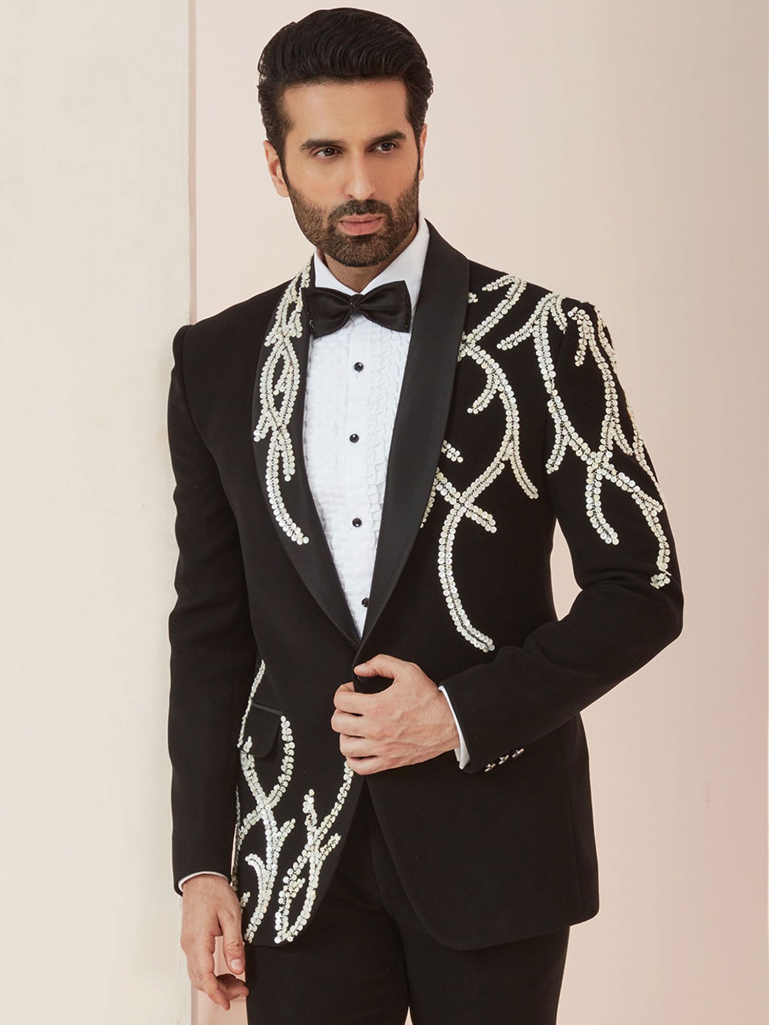 Black Designer Tuxedo Set With Hand Work