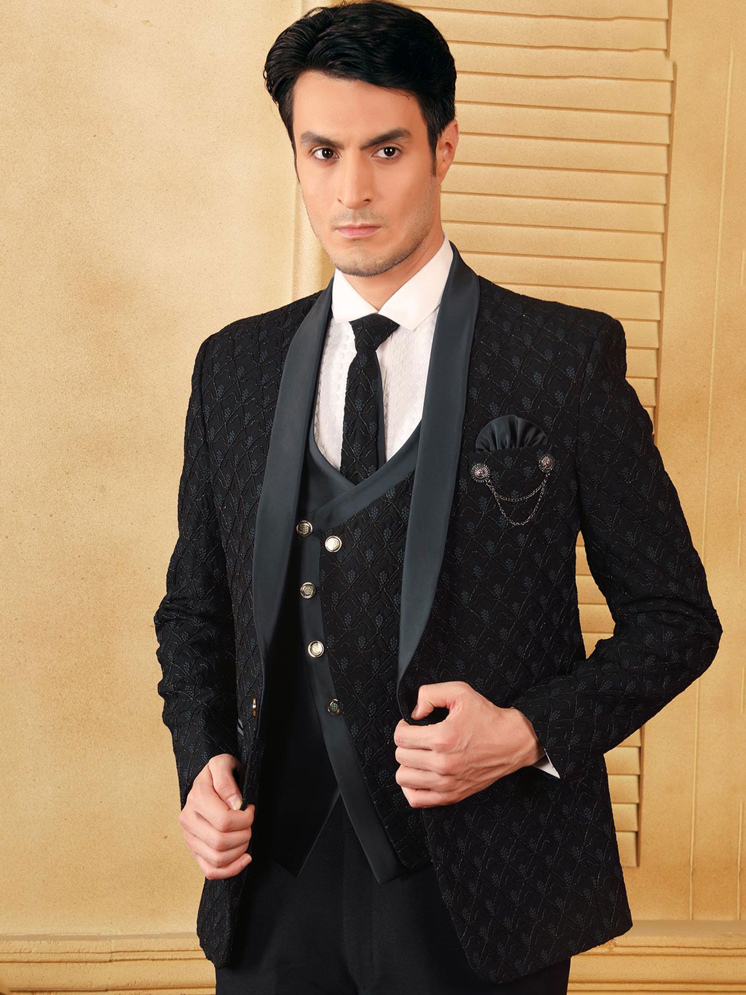 Readymade Black Embroidered Tuxedo Suit For Men