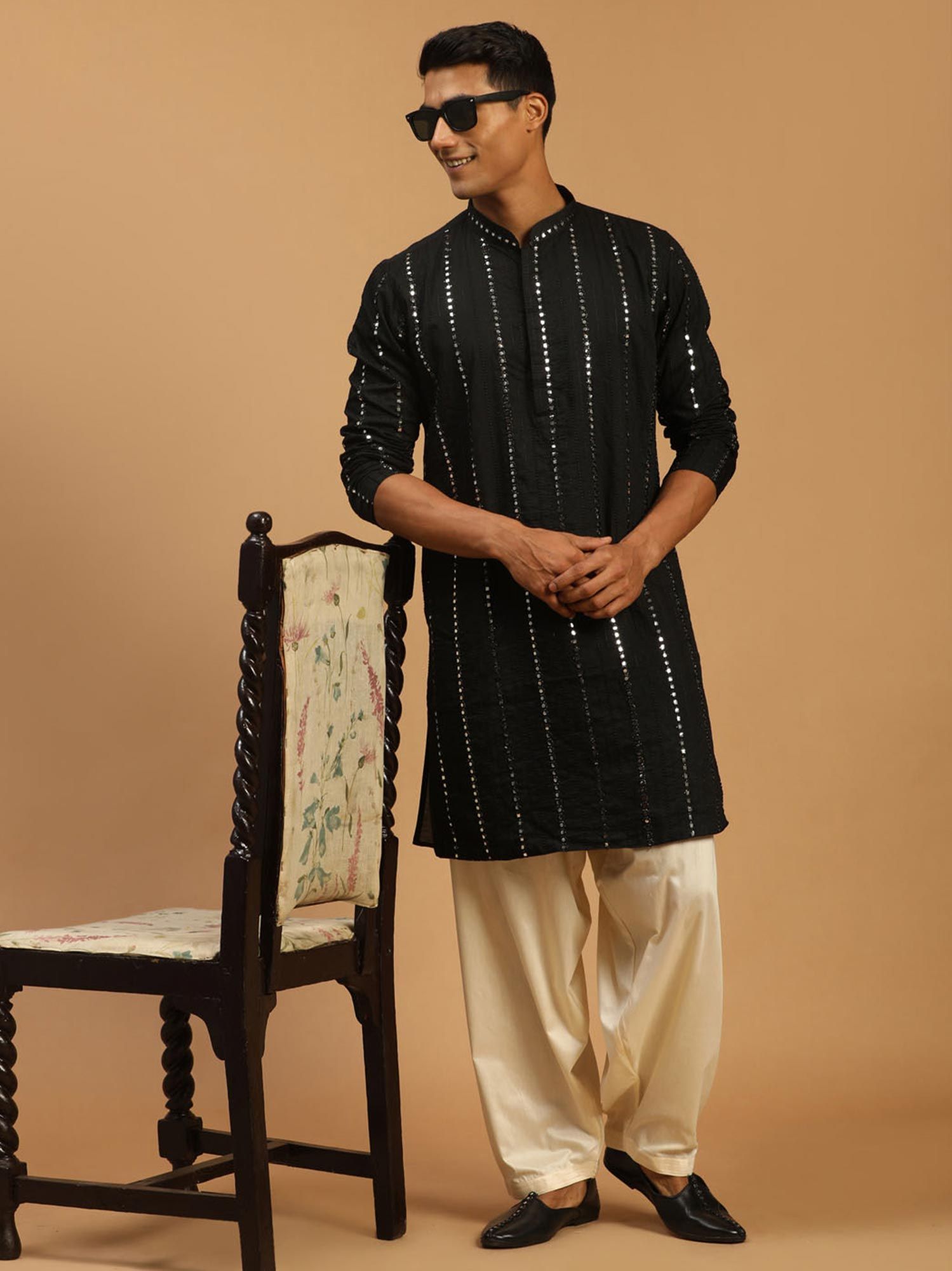 Readymade Black Cotton Silk Pathani Suit Set