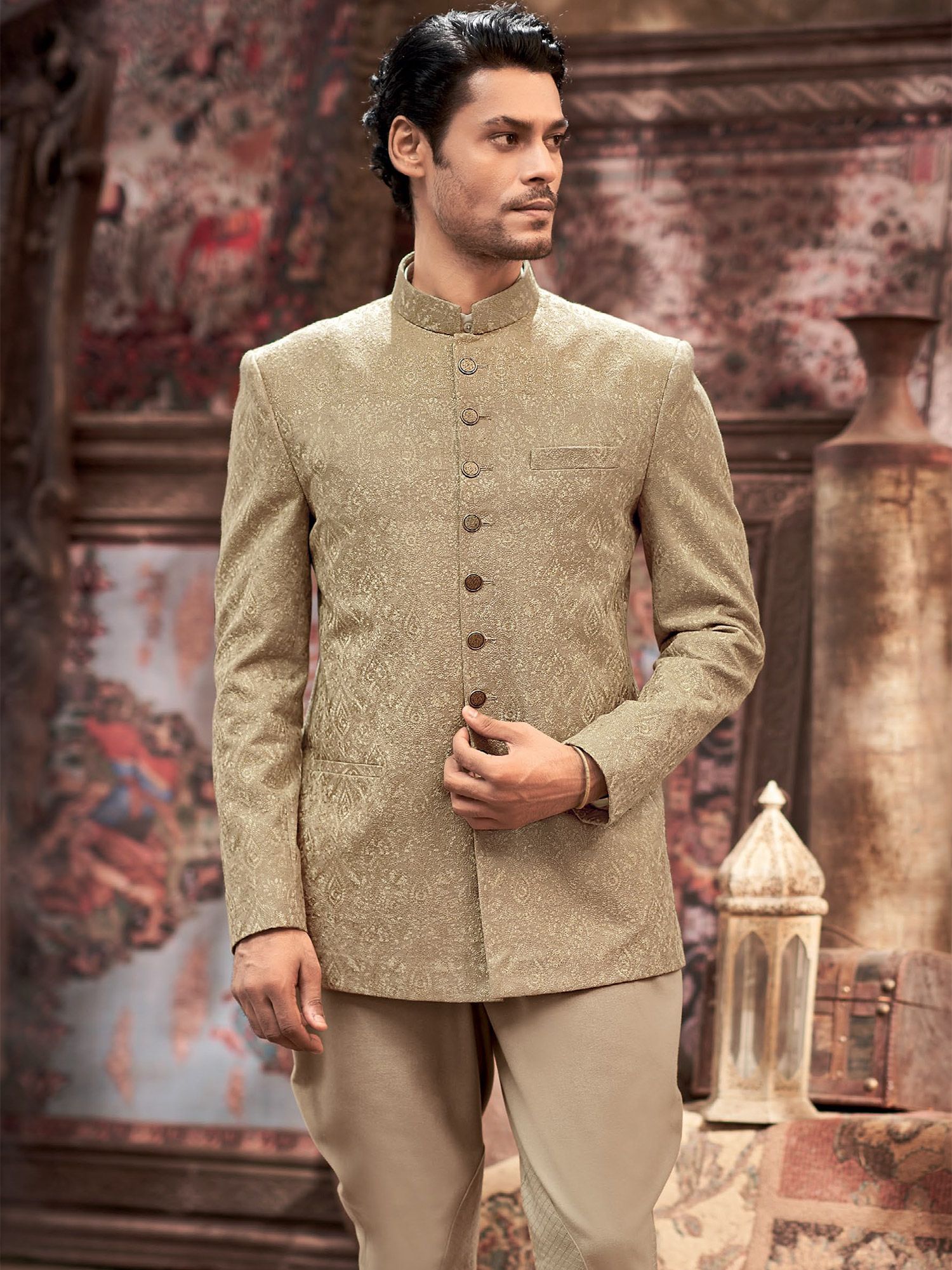 Beige Jacquard Bandhgala Set