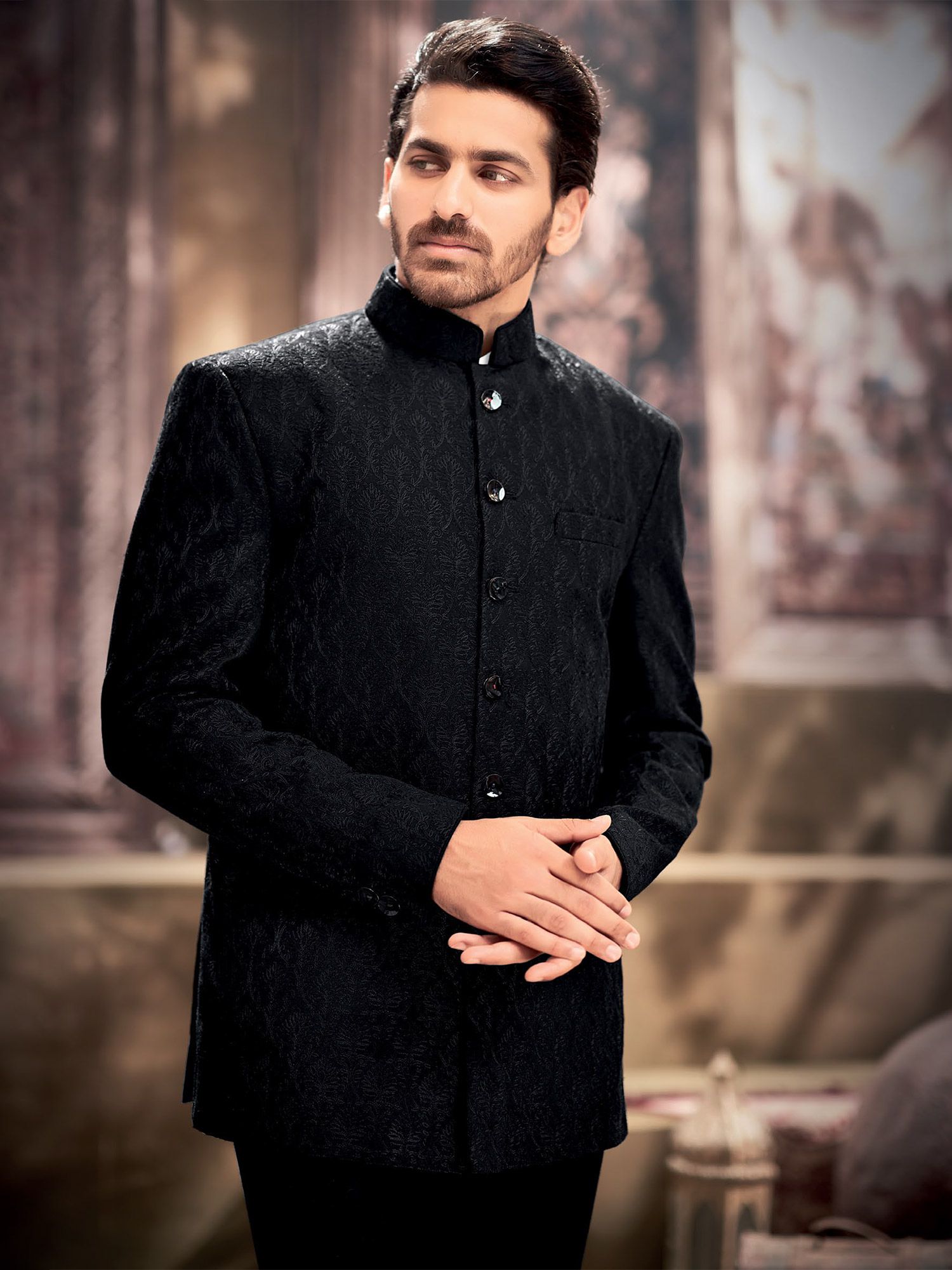 Black Velvet Embroidered Jodhpuri Set Design by SVEN SUITS at Pernia's Pop  Up Shop 2024