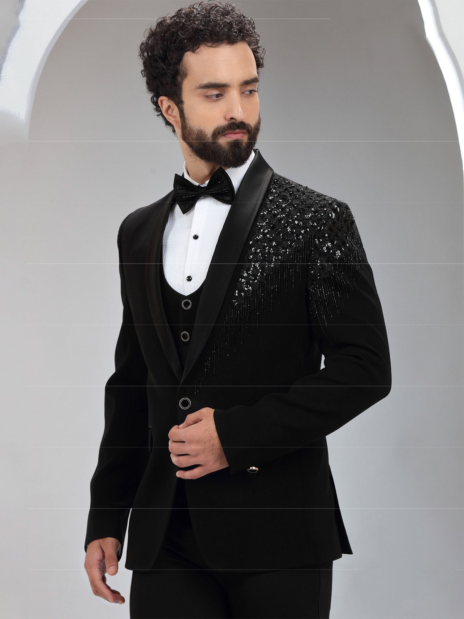 Black Sequin Embroidered Italian Mens Tuxedo