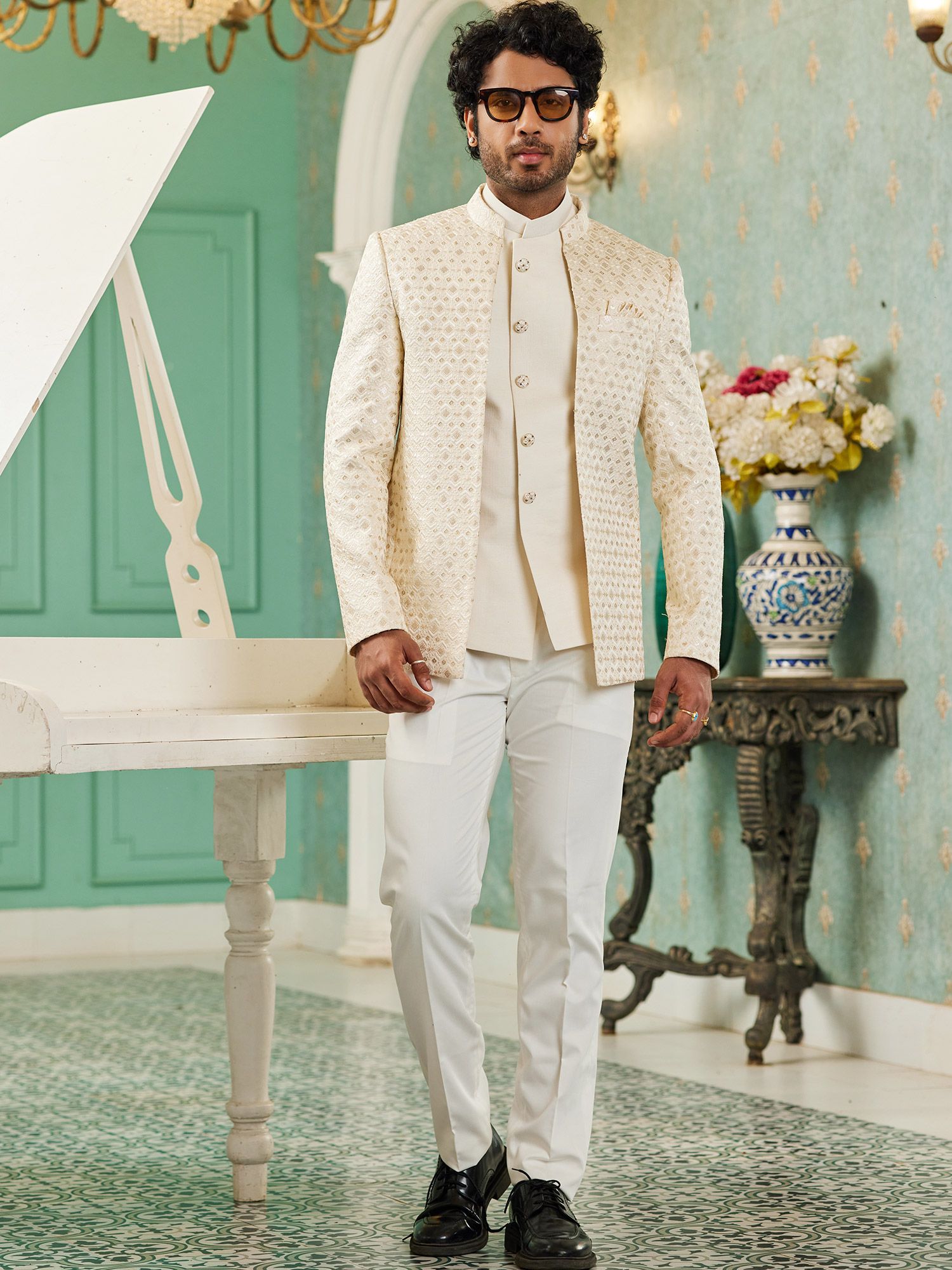 Trendy Textured Cream Color Rayon Fabric Jodhpuri Suit