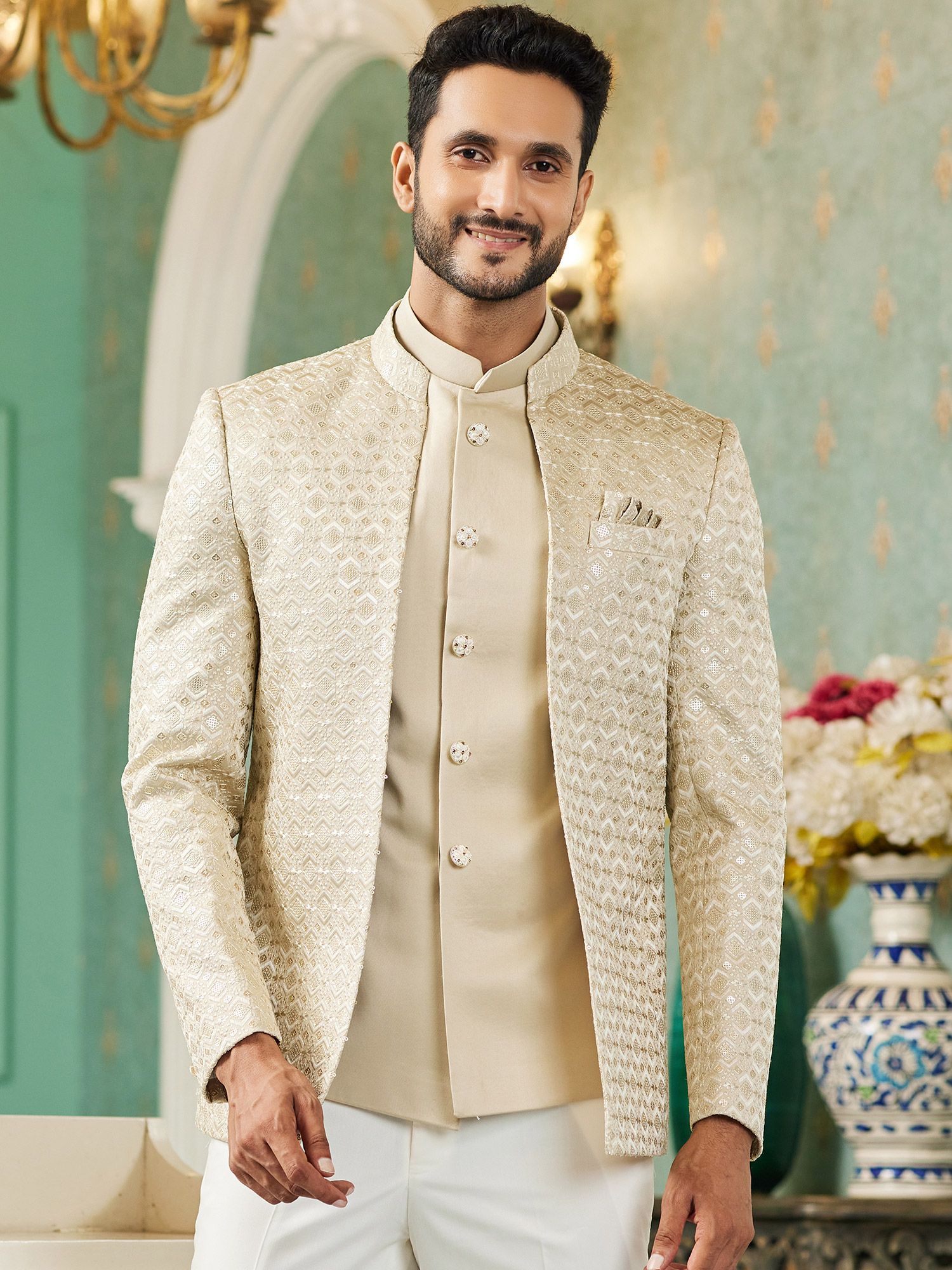 Gold color Jacquard fabric Jodhpuri Suit : 1841824