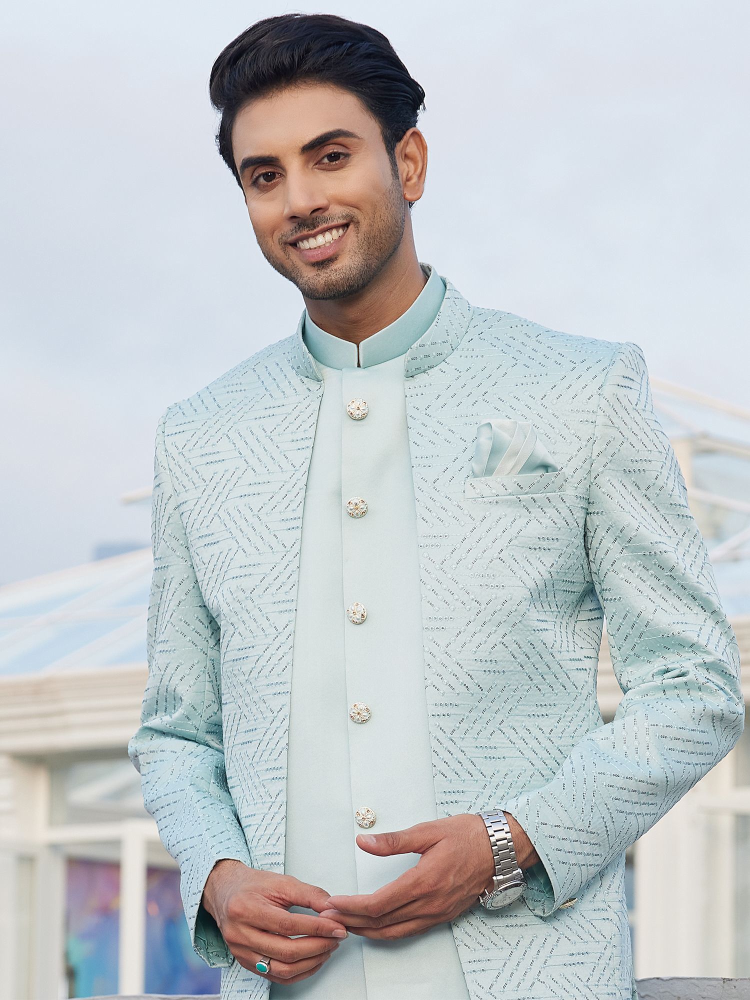 Light Blue Sequins Enhanced Mens Jodhpuri Set Light Blue Sequins Enhanced Mens Jodhpuri Set