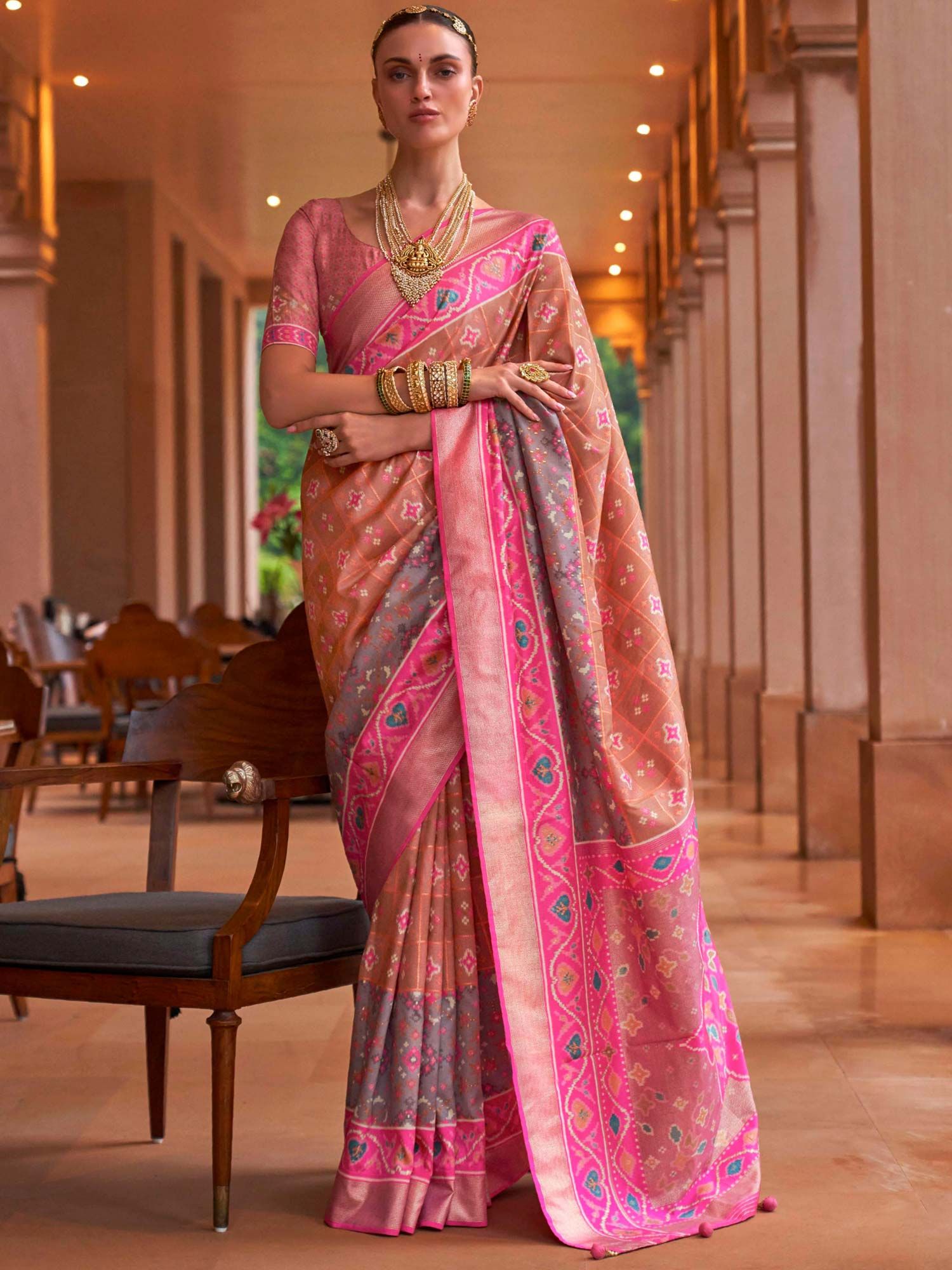 Peach Silk Patola Saree With Blouse