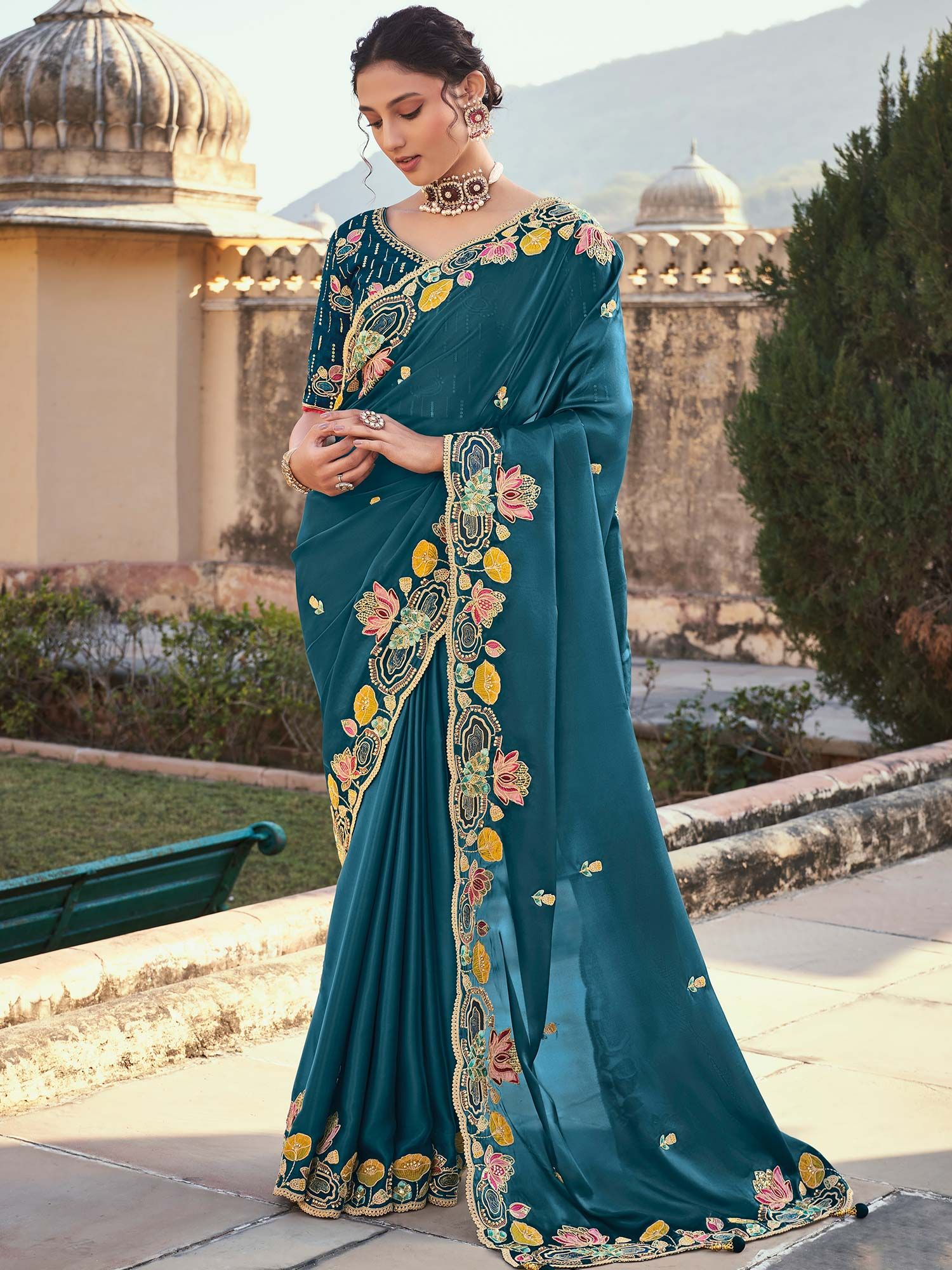 Buy Navy blue Vichitra Silk Wedding Wear Zari Work Saree Online From  Wholesale Salwar.