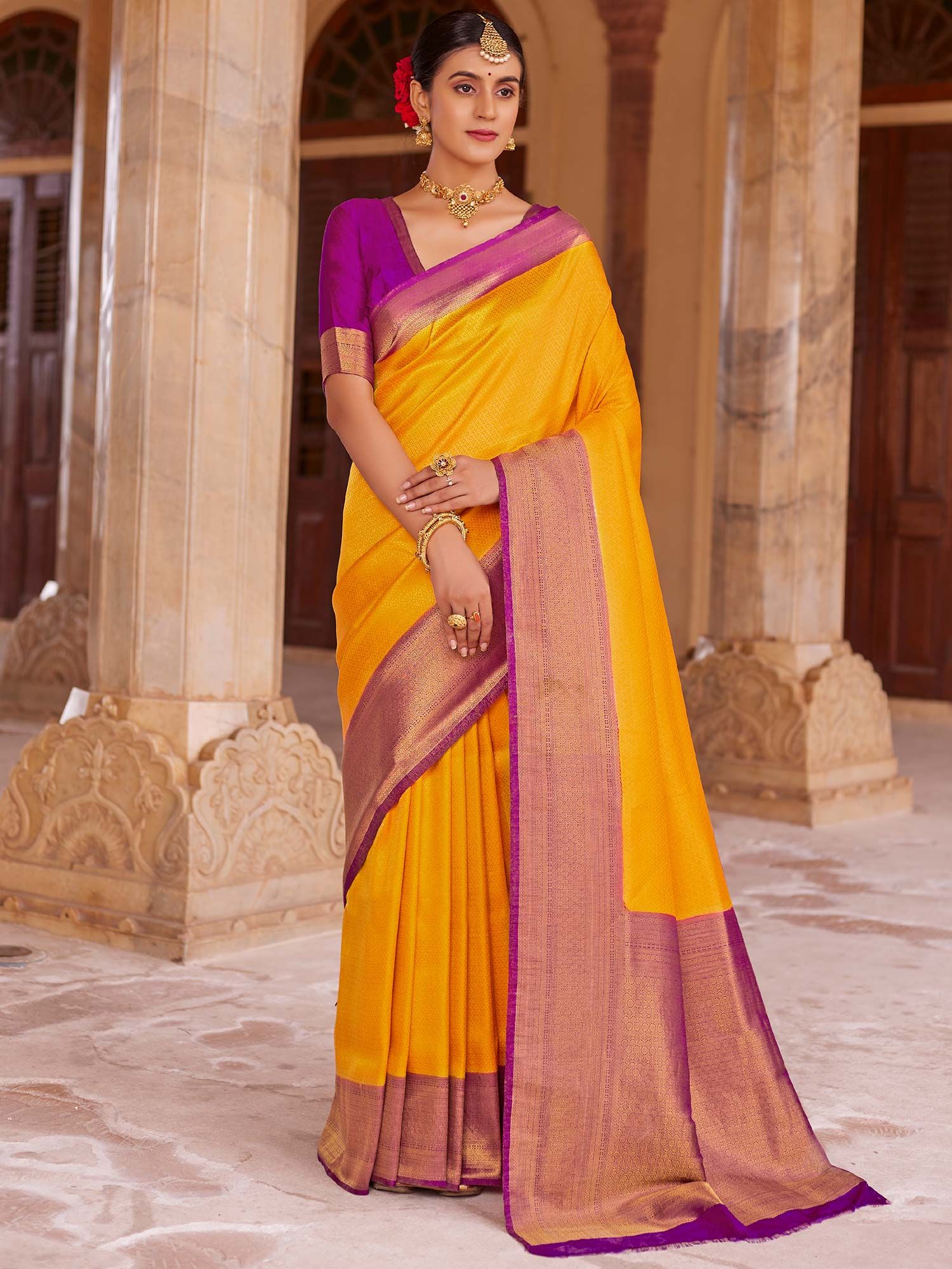 Mustard yellow chiffon saree with hand worked purple Blouse – Threads