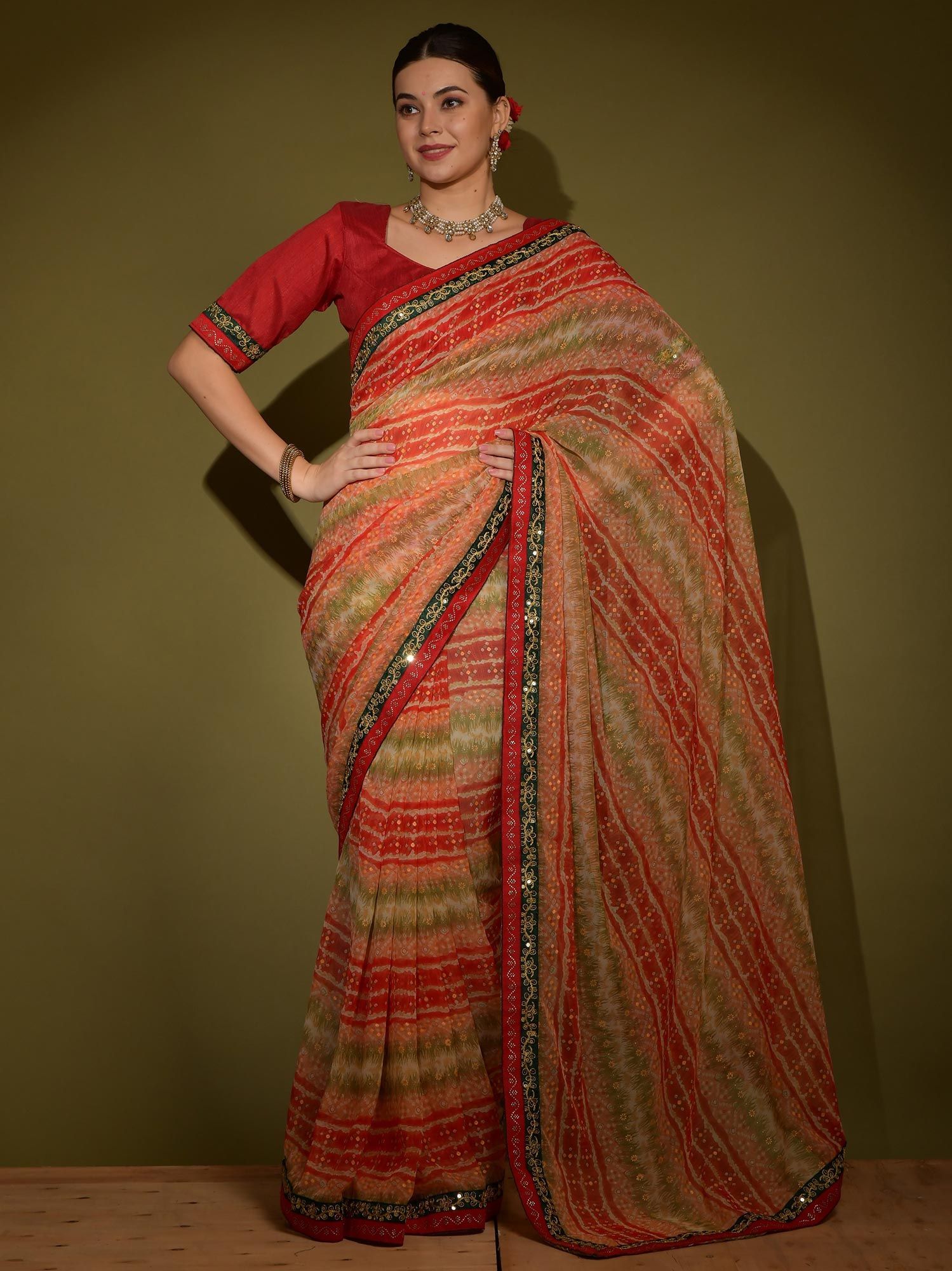 Red Bandhej Printed Festive Chiffon Saree