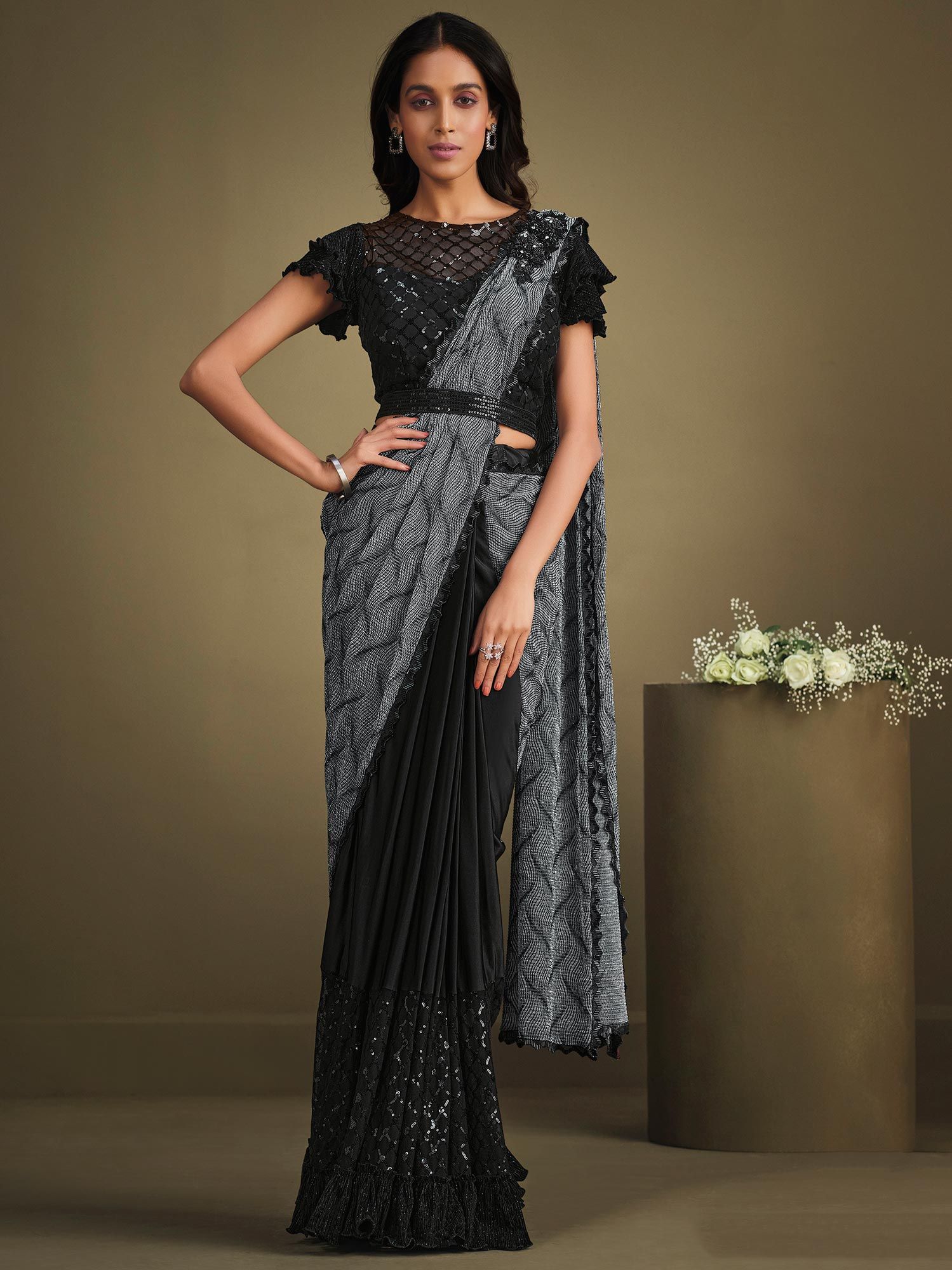 Black Cocktail Pre-Stitched Saree With Sequined Blouse 4619SR04